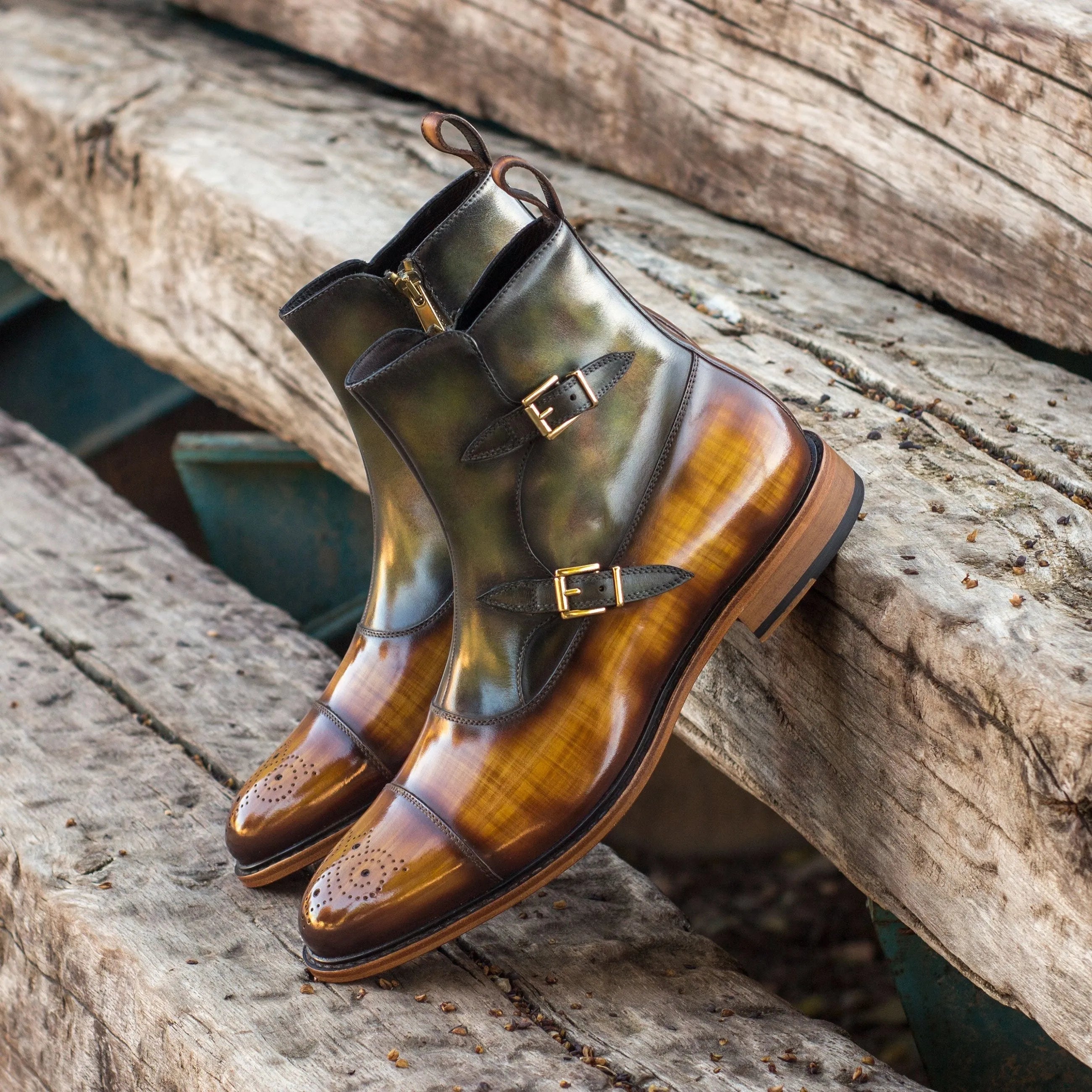 Leather double monk strap boots from Igasho Octavian Patina collection