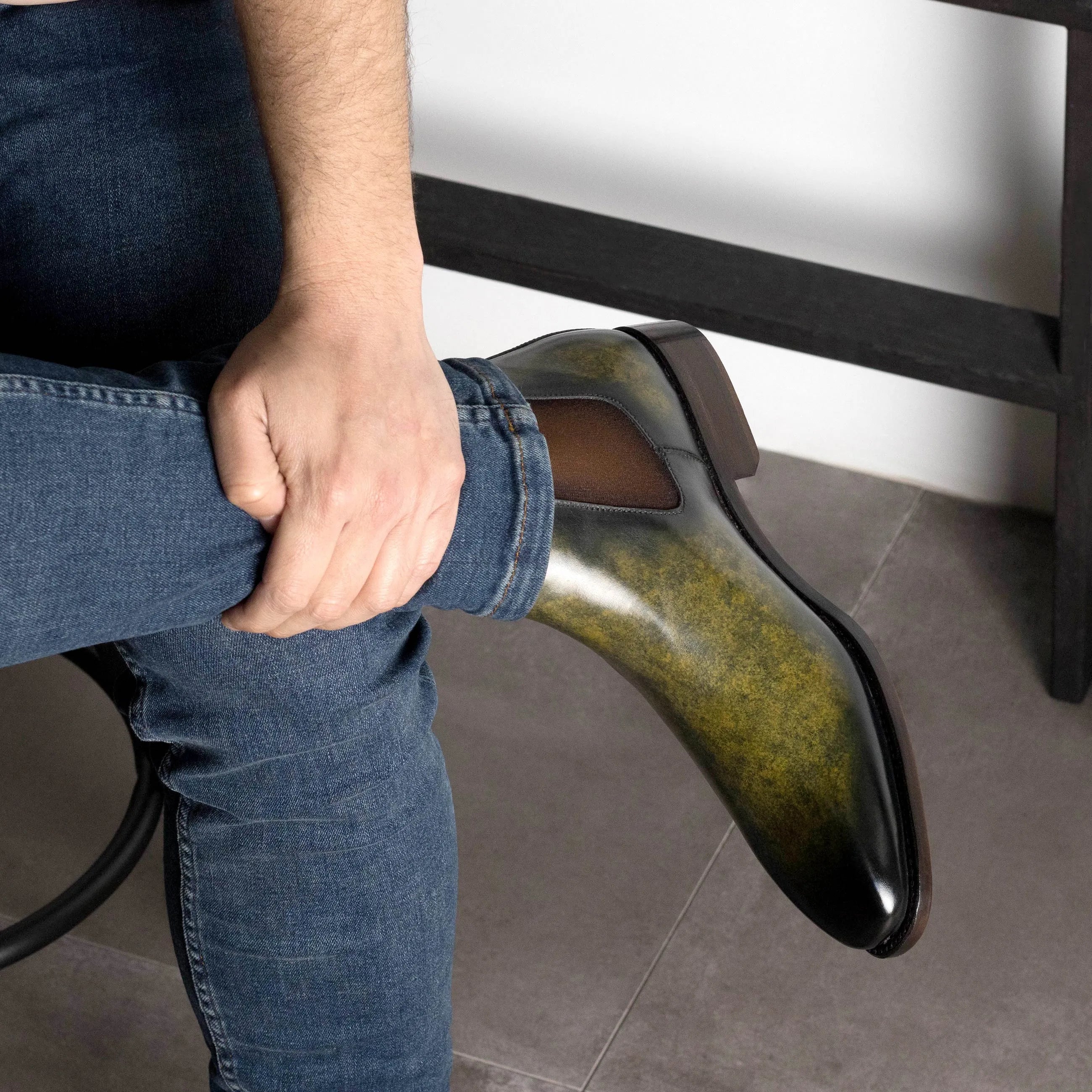 Green and black leather Ivoire Patina Chelsea Boots for a stylish footwear choice