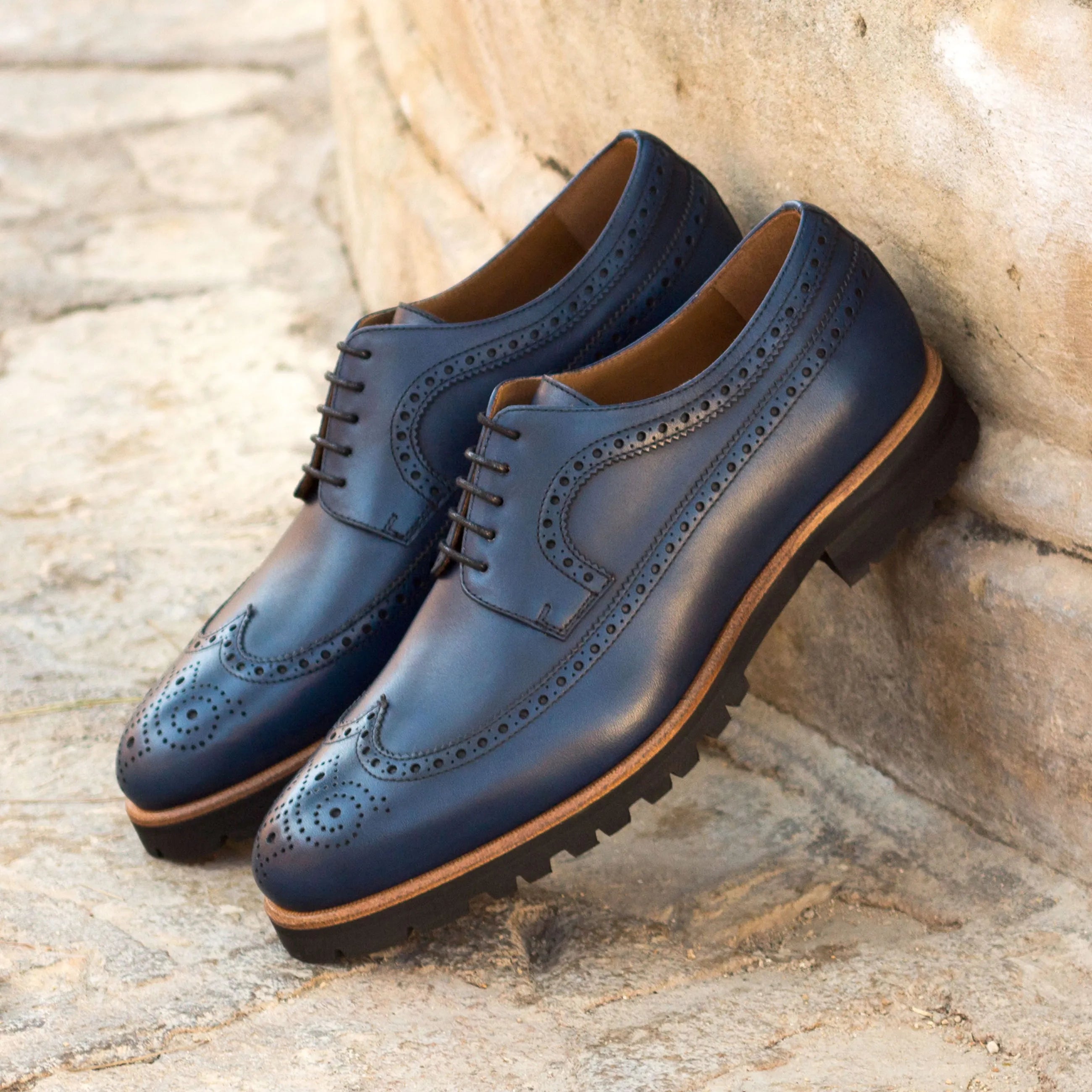 Blue leather brogue shoes, JackD Longwing Blucher, featuring a stylish wingtip design