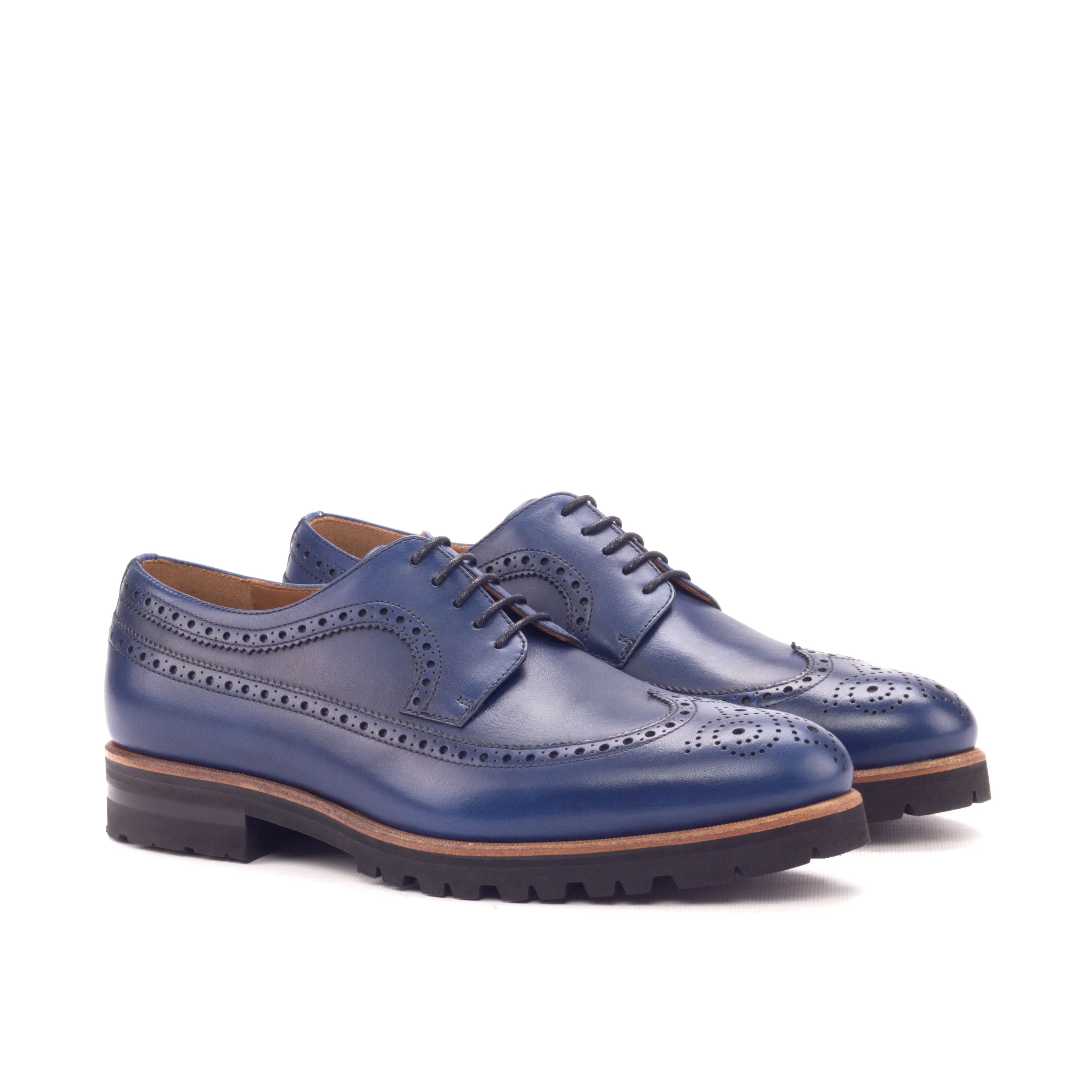Blue leather brogue shoes, JackD Longwing Blucher, featuring a stylish long wingtip design