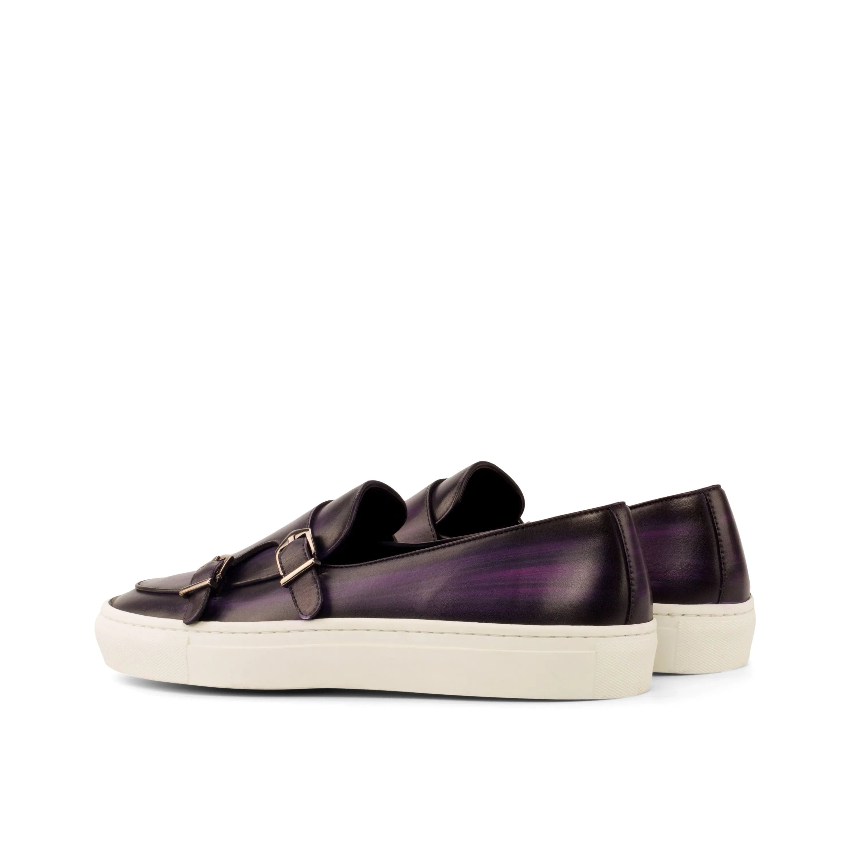 Pair of purple leather Jacy Patina monk sneakers with a stylish double monk design