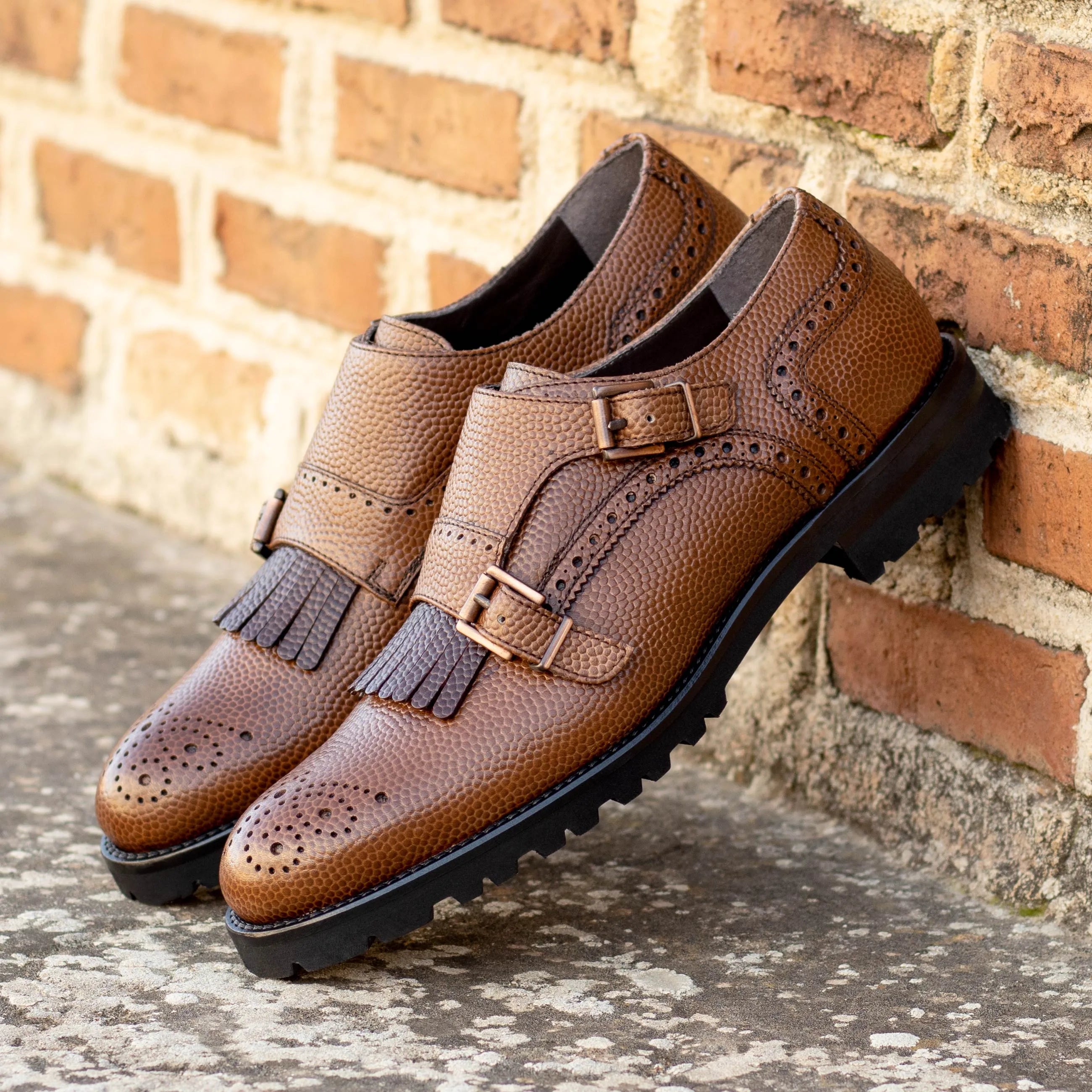 Brown leather monk strap shoes from Jalpa Kiltie unisex collection