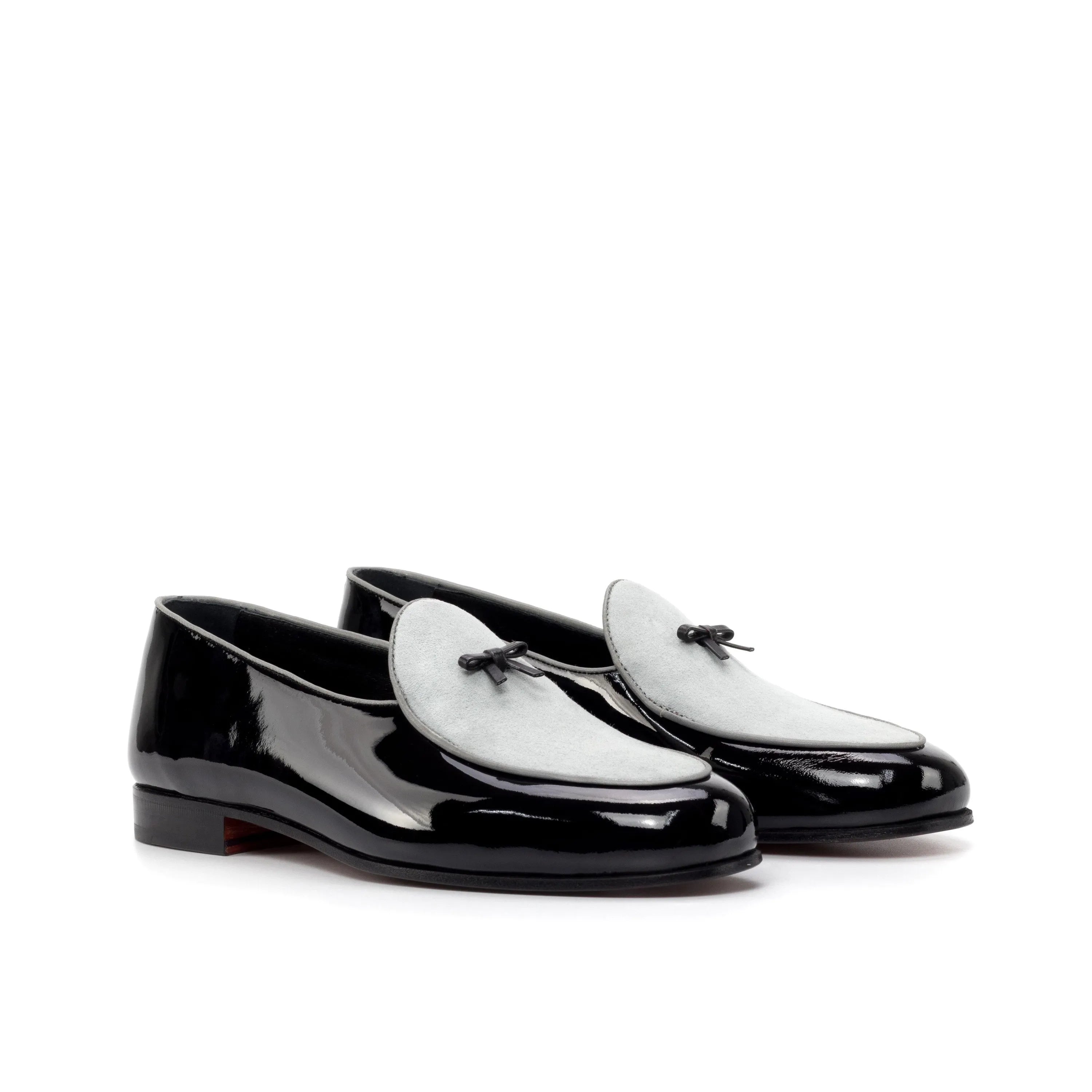 Black and gray patent leather loafers featured in the Jameson Belgian Slipper style