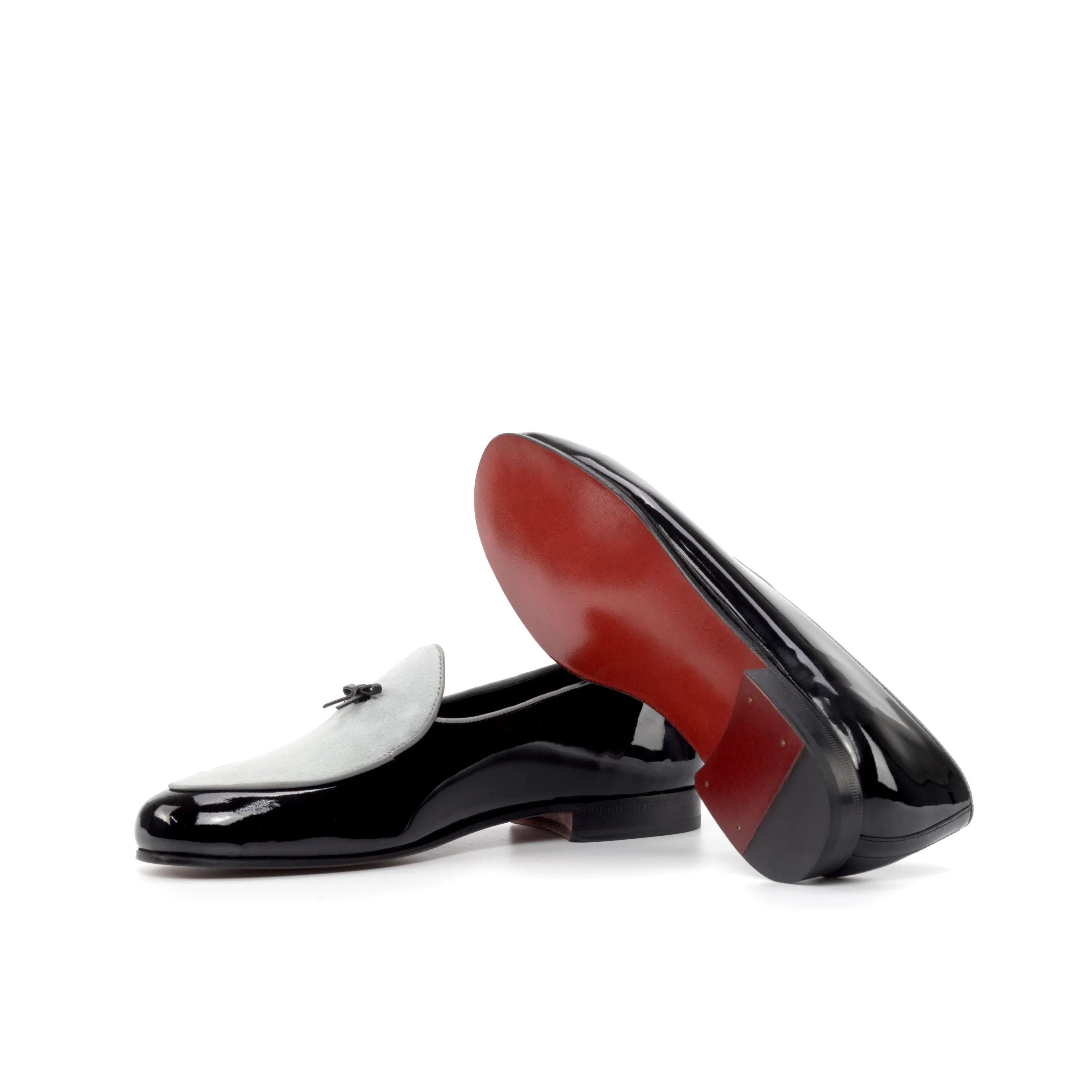 Black and white patent leather Jameson Belgian Slipper with striking red soles