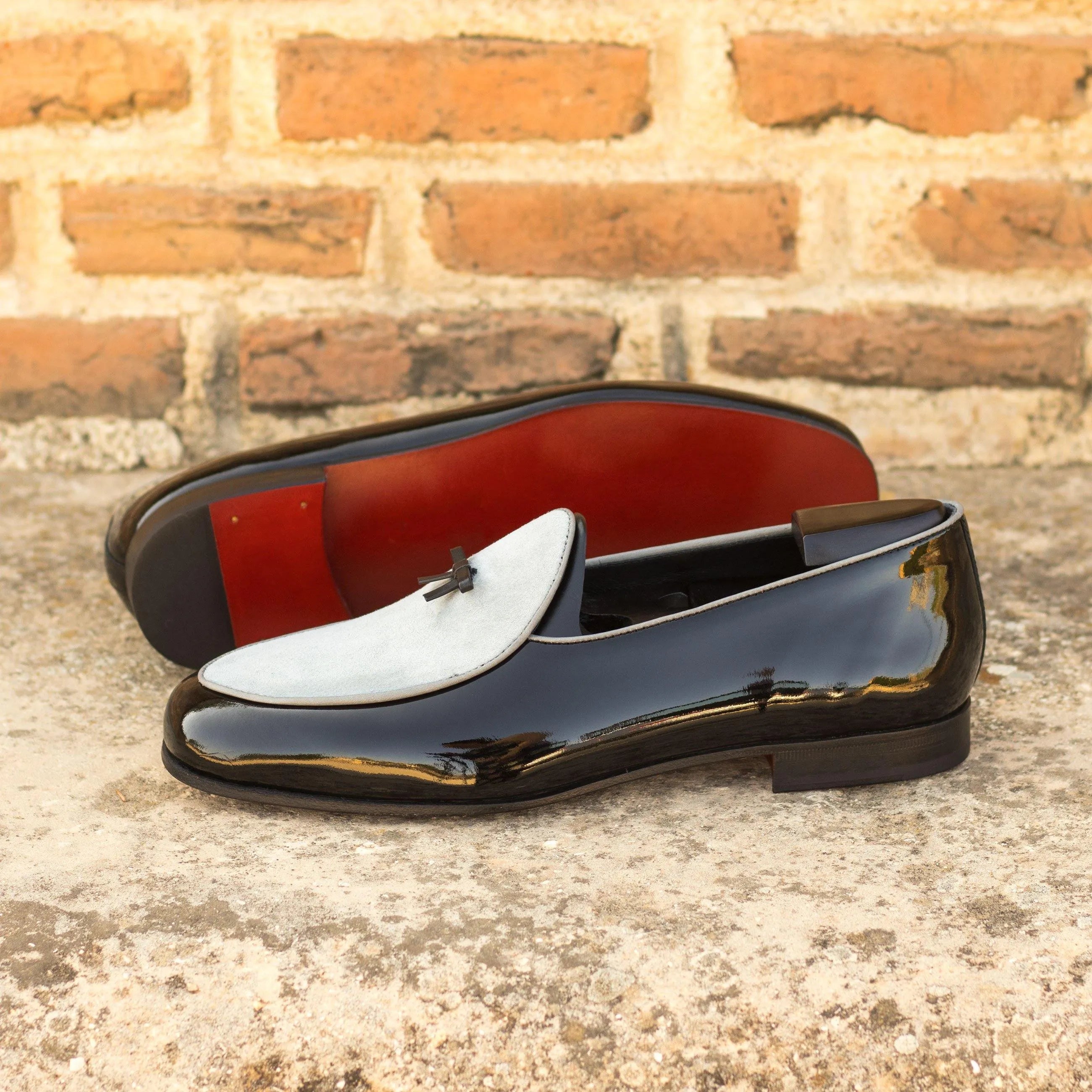 Patent leather dress shoes for the Jameson Belgian Slipper featuring a stylish double monk design