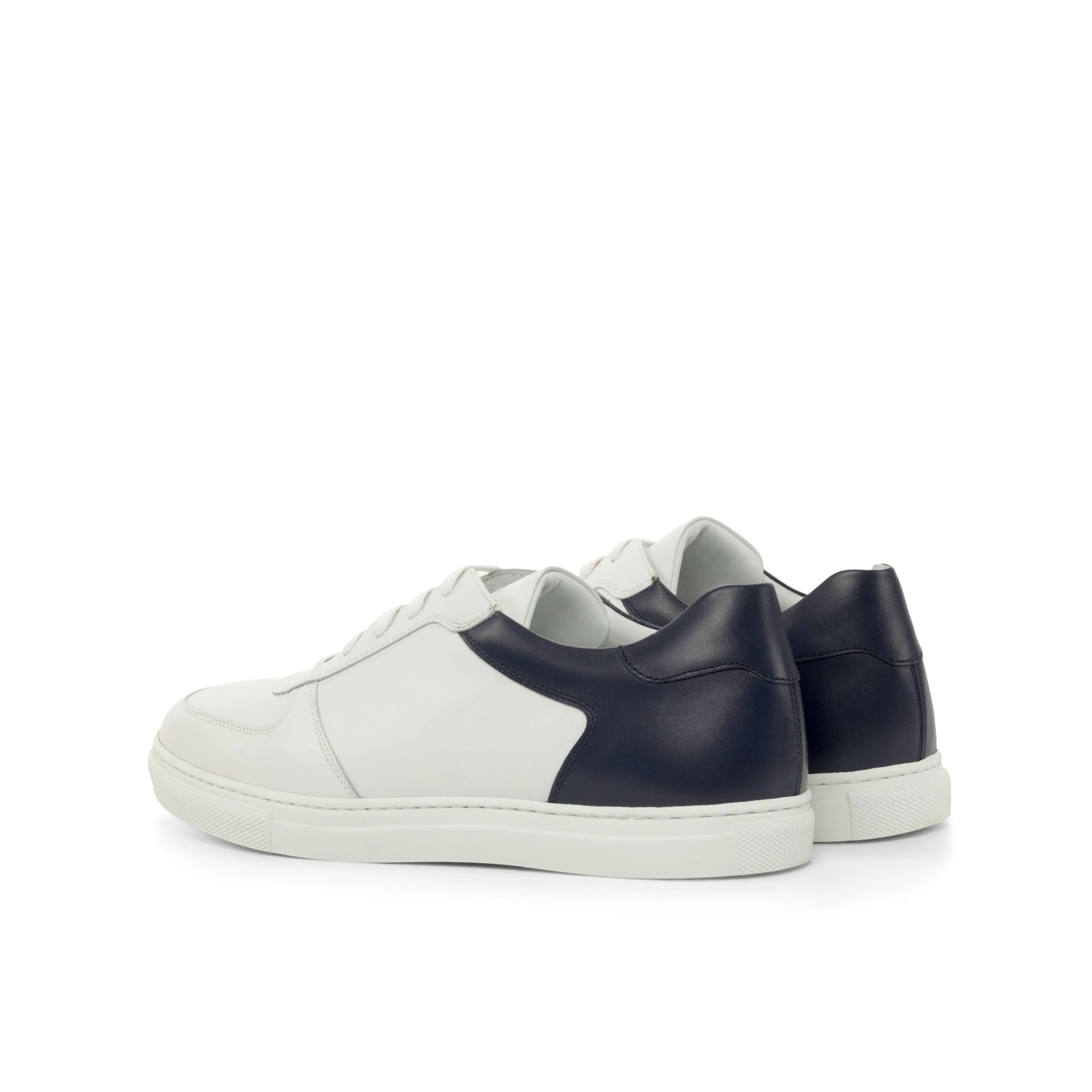 White and navy leather Janko Low Top Sneakers, stylish luxury bespoke shoes for men