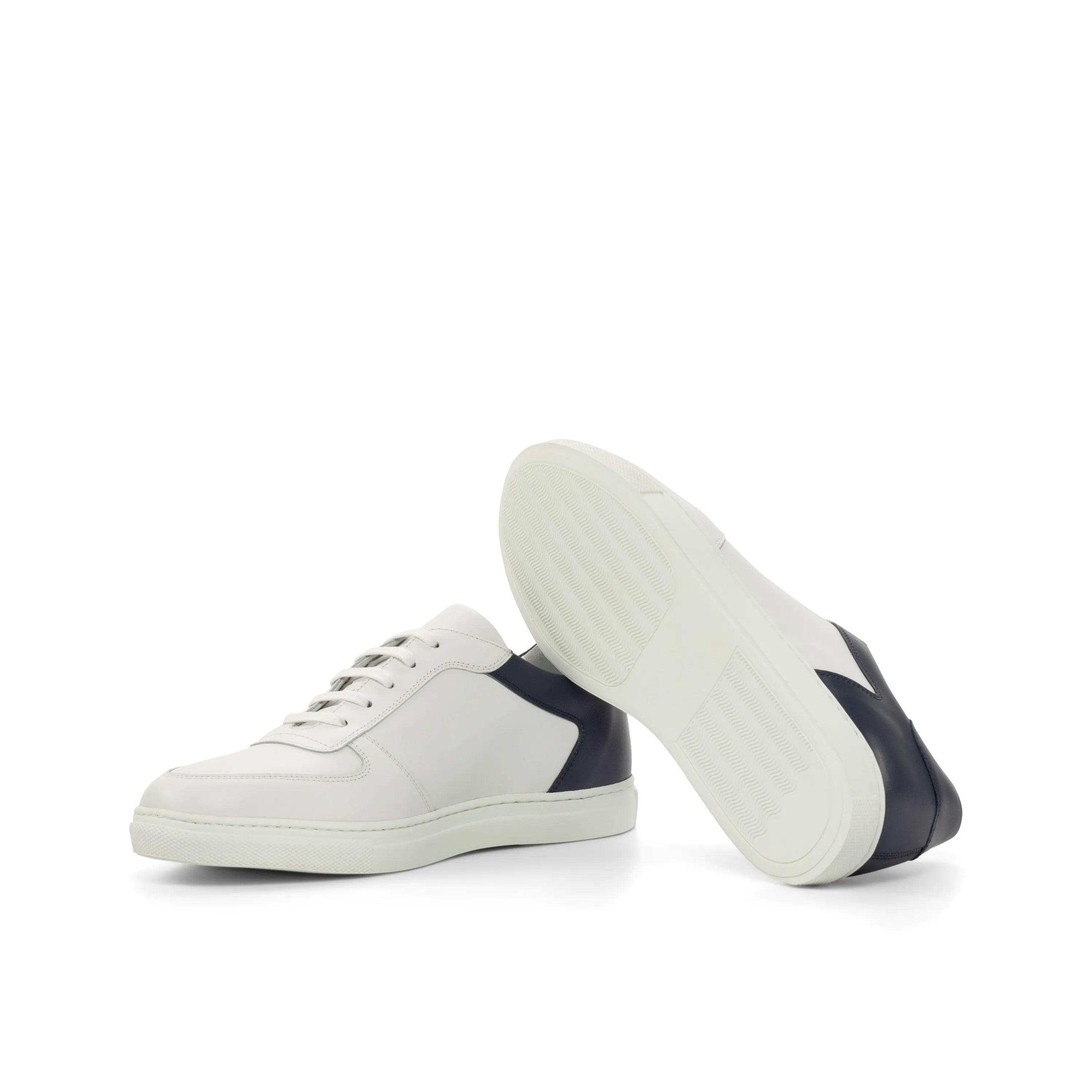 White and navy leather Janko Low Top Sneakers, luxury bespoke shoes for men