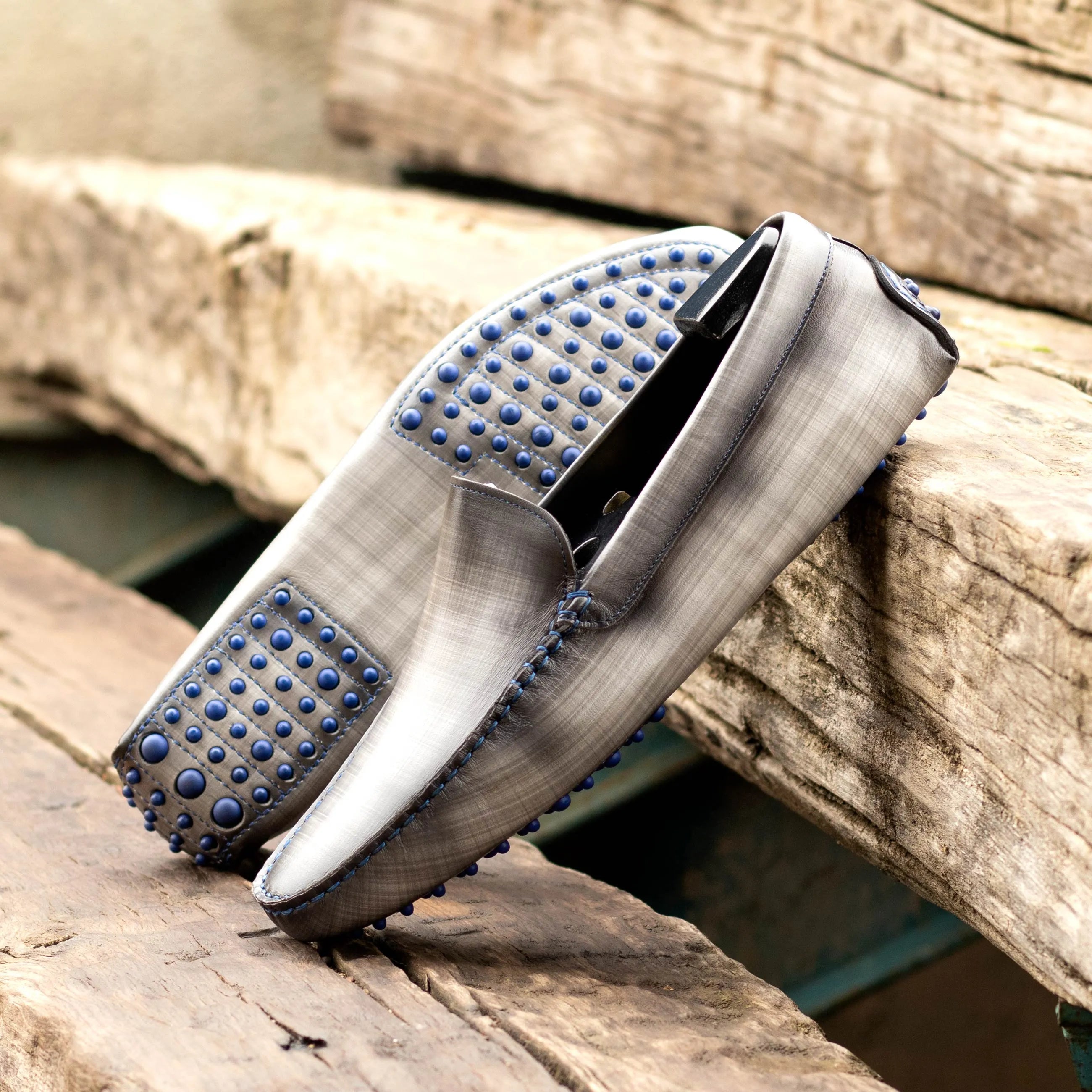 Gray leather driving shoes from Jarolds Patina Driver, perfect for stylish comfort