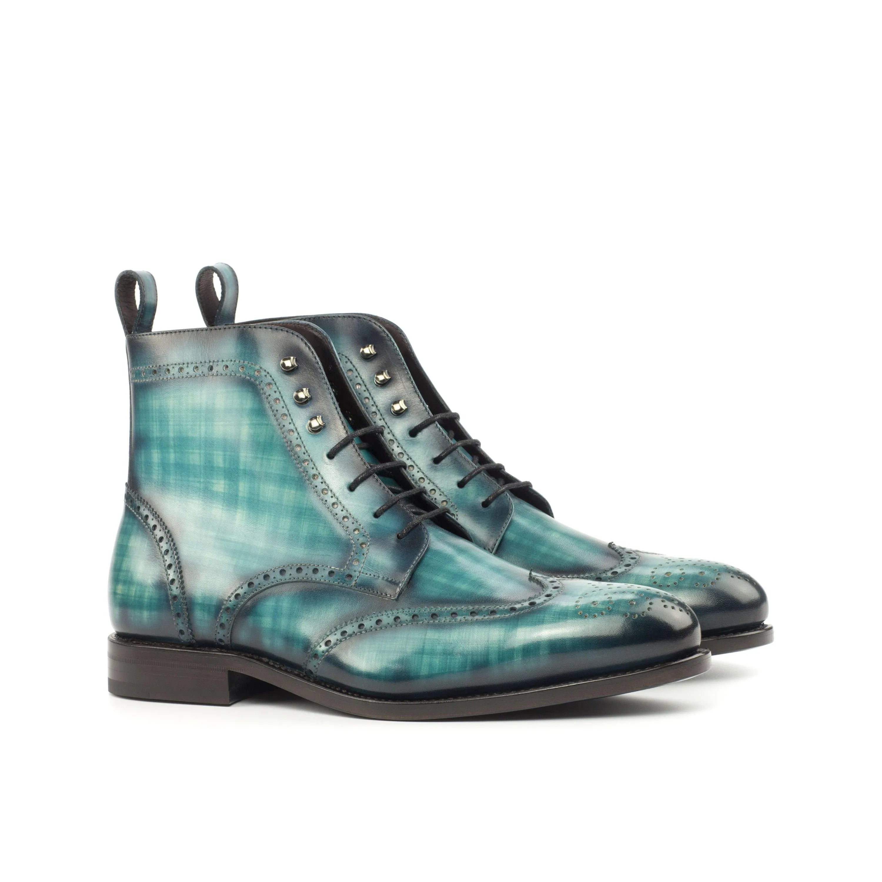 Blue and green plaid Jarson Military Brogue Boots II featuring classic wingtip design