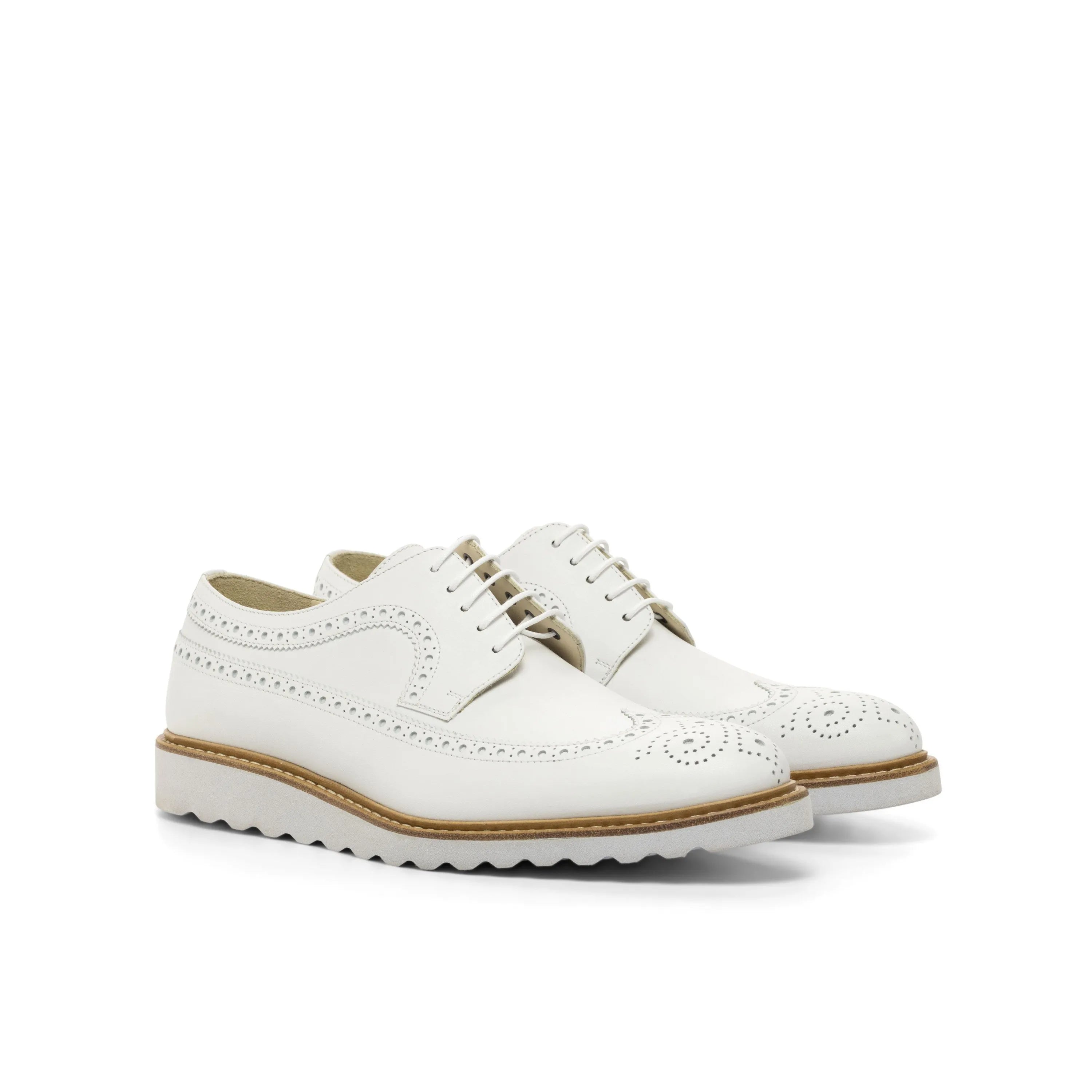 White leather Jay Longwing Blucher shoes featuring classic wingtip design