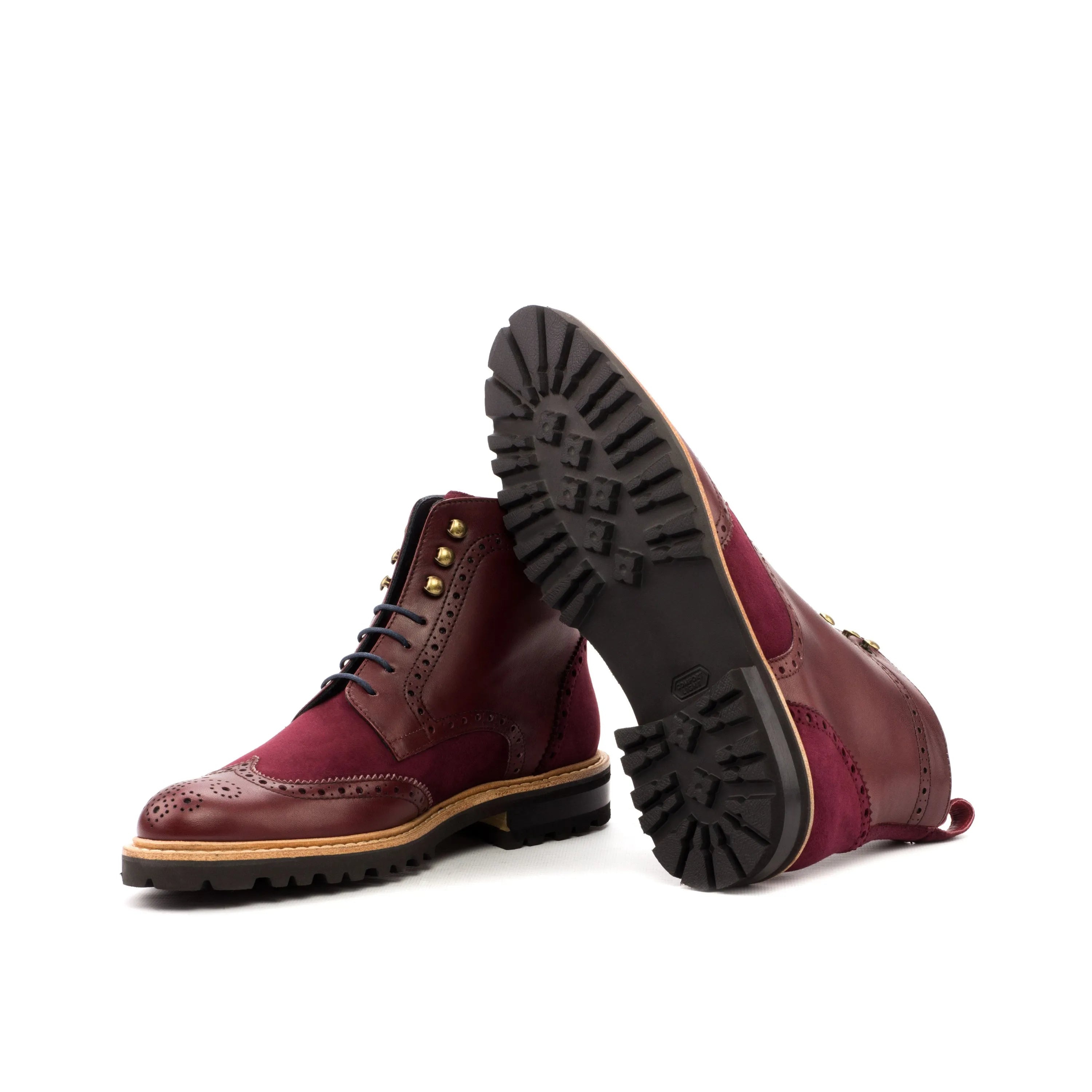 Burgundy leather and suede Jayanta Ladies Military Brogue Boots on display