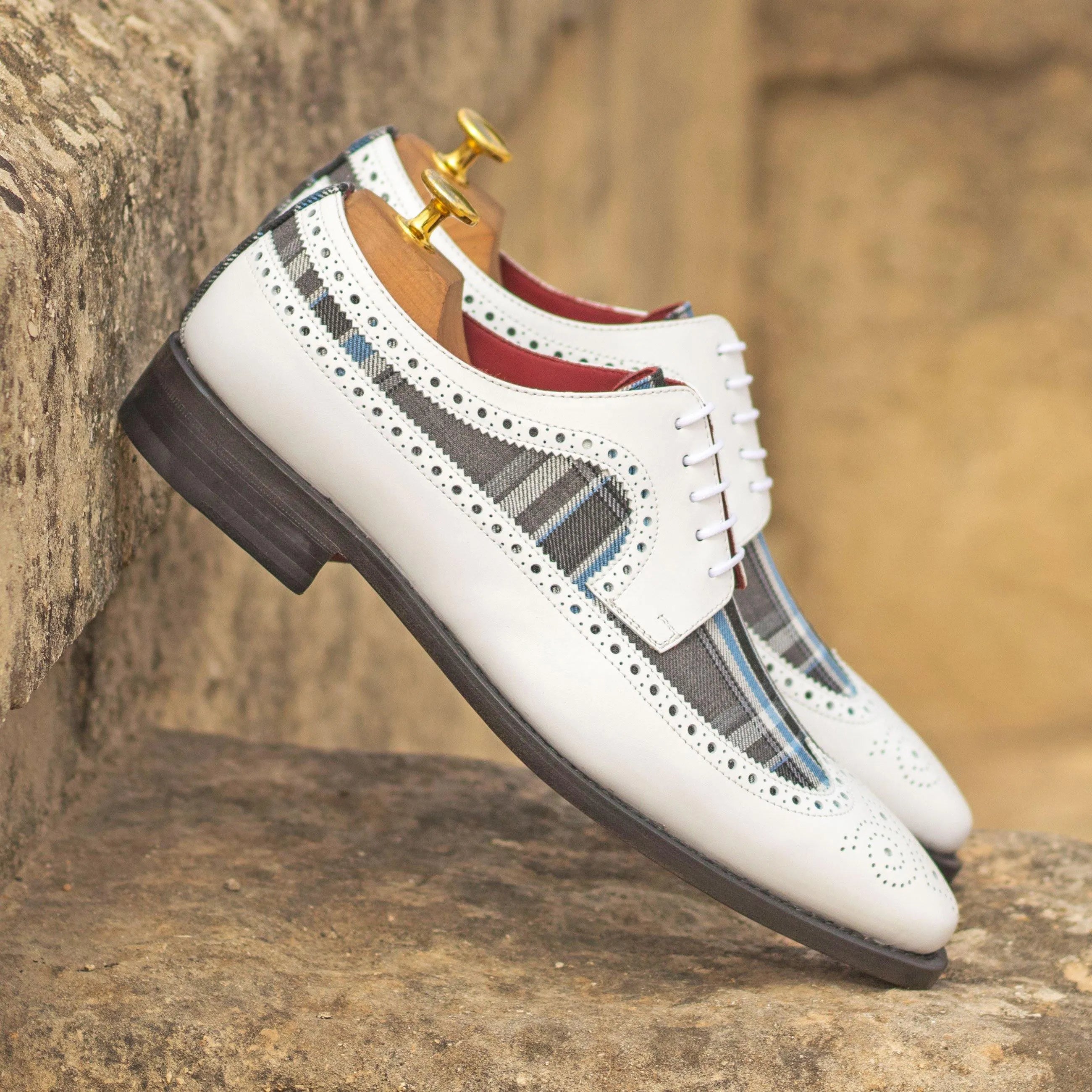 White leather and plaid Jazzy Longwing Blucher shoes showcasing classic longwing blucher style