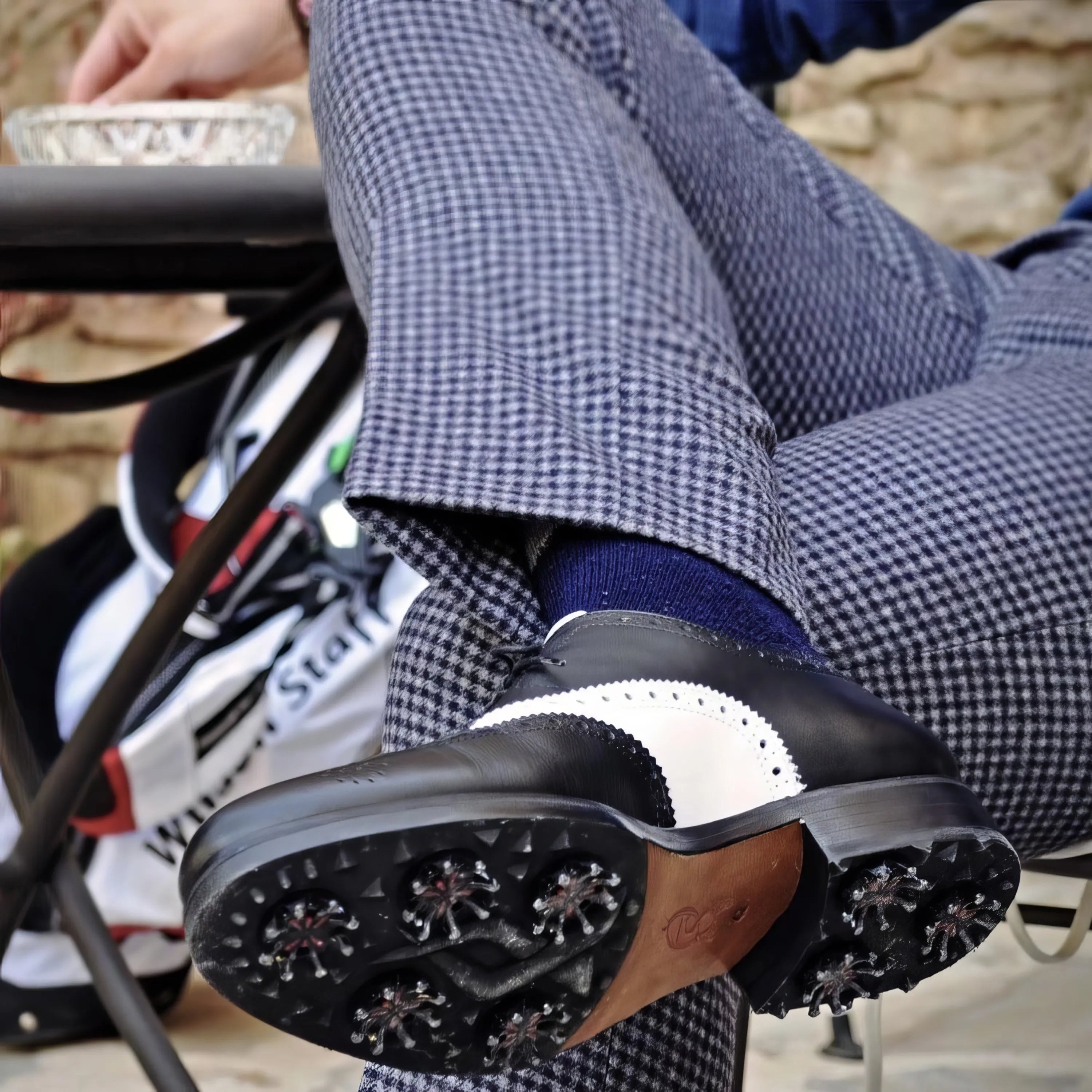 Black and white Jim Full Brogue Golf Shoes made with premium box calf leather