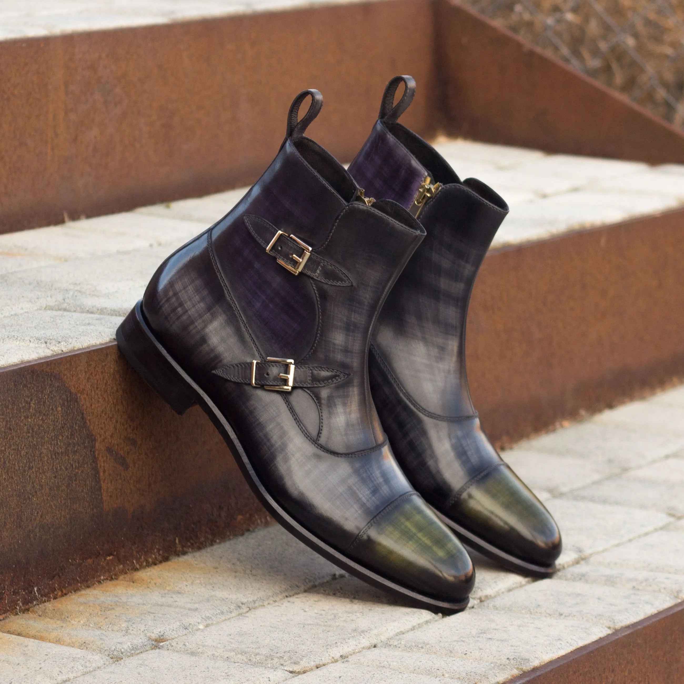 Leather monk strap boots from Jimmy Octavian Patina, showcasing elegance and style