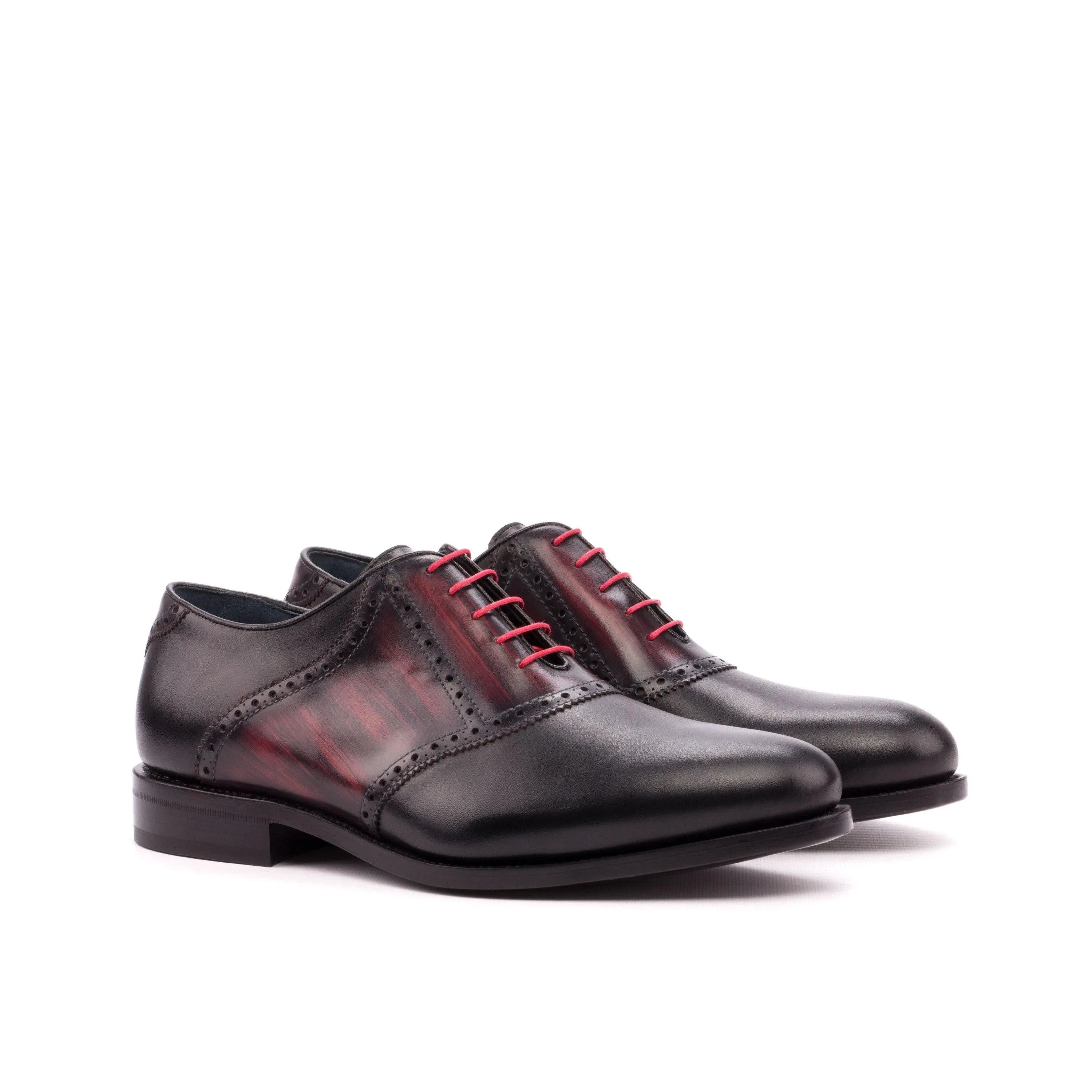 Black and red leather Jiovani Saddle Patina shoes showcasing a stylish design