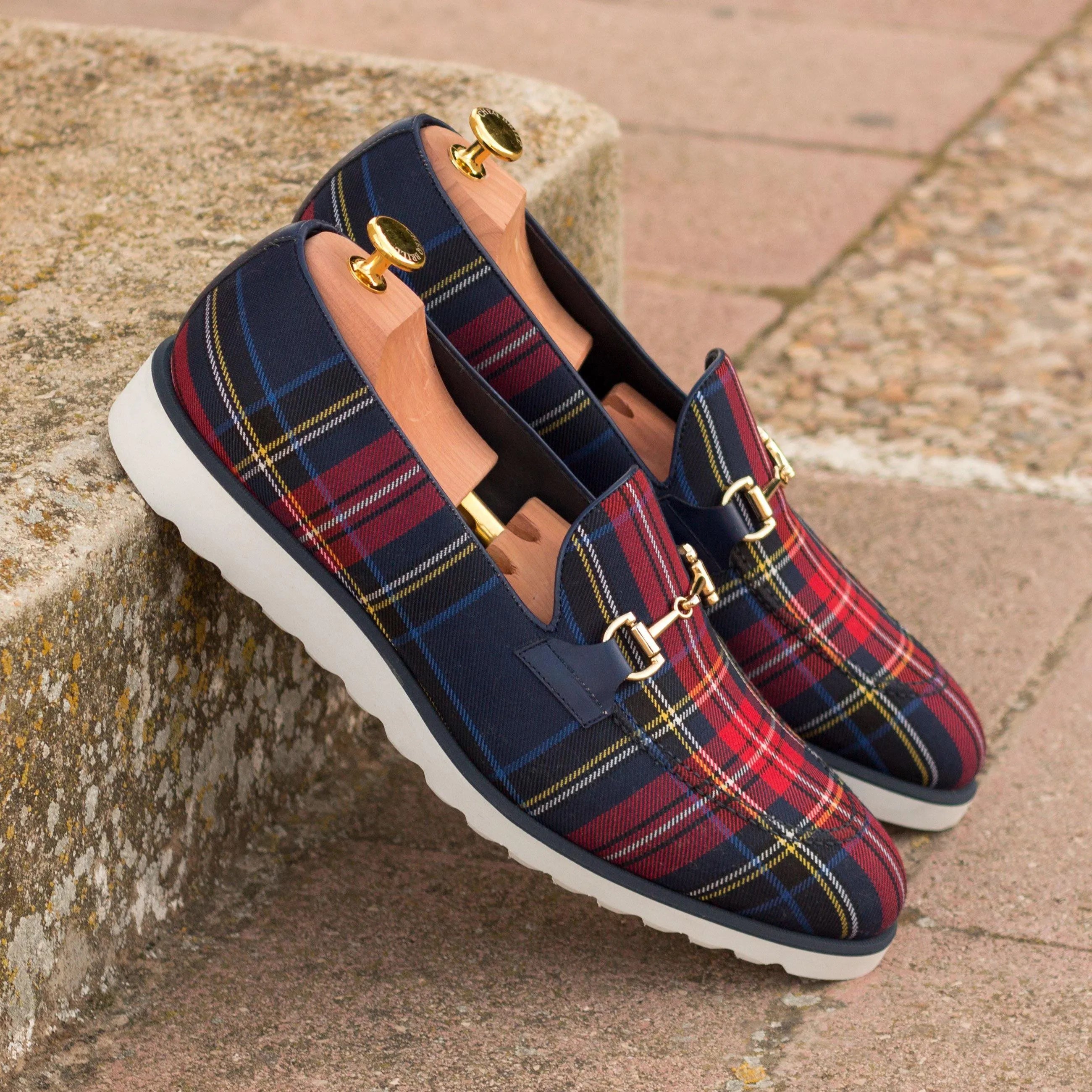 Plaid Johnny Windowpane Loafers featuring elegant gold hardware for stylish footwear