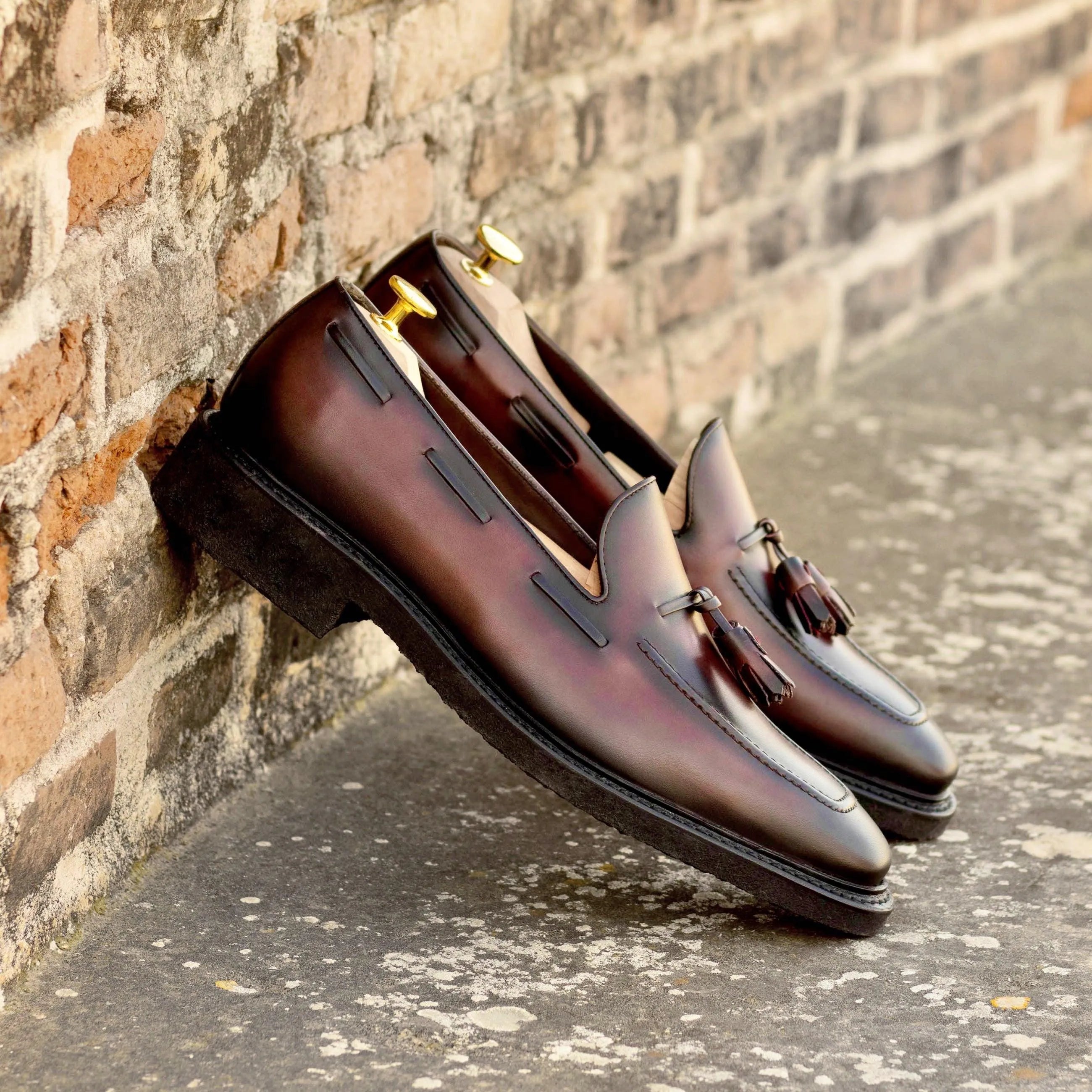 Burgundy calf leather tassel loafers from JohnnyD, luxury bespoke shoes for men