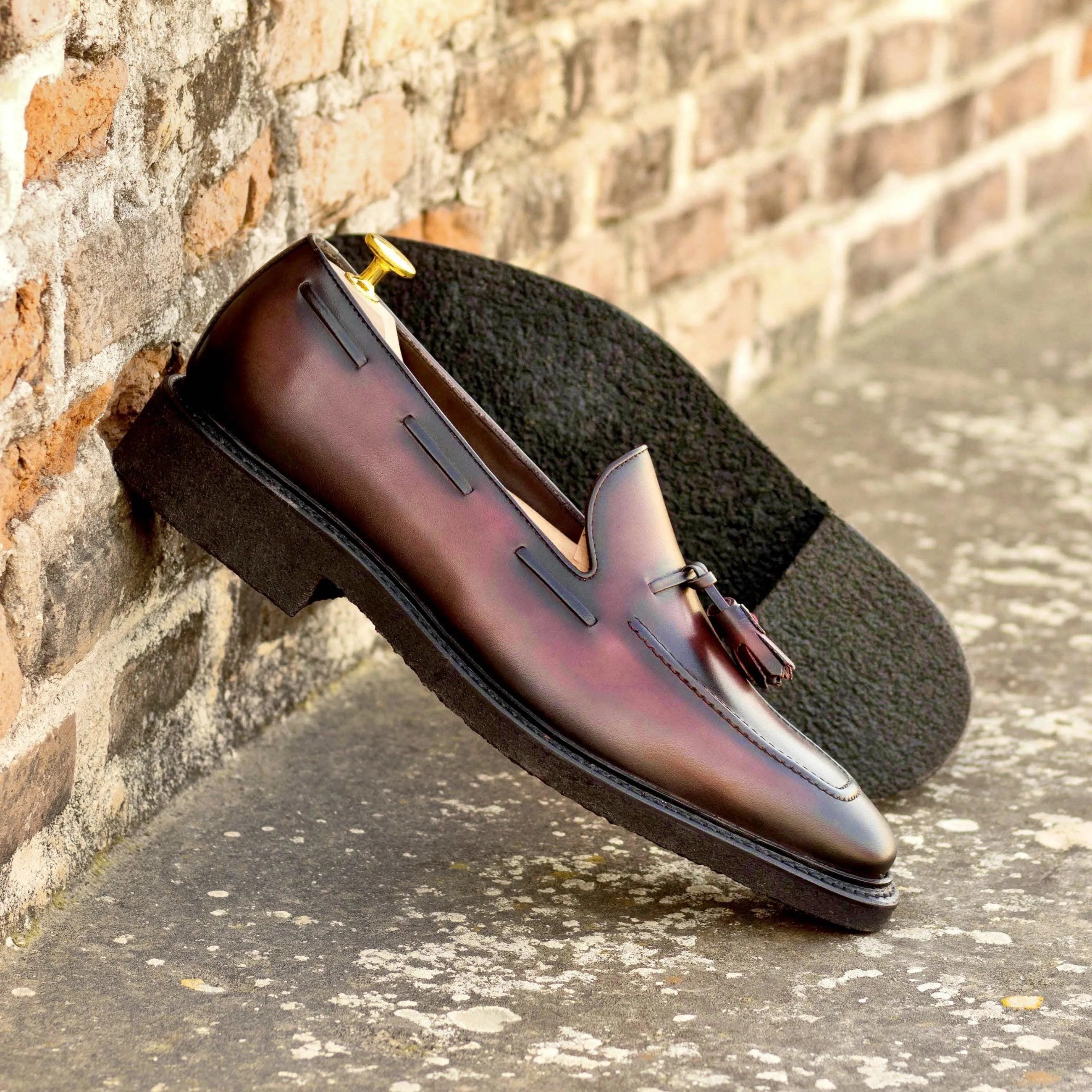 Burgundy calf leather tassel loafer from JohnnyD Loafers, luxury bespoke shoes for men
