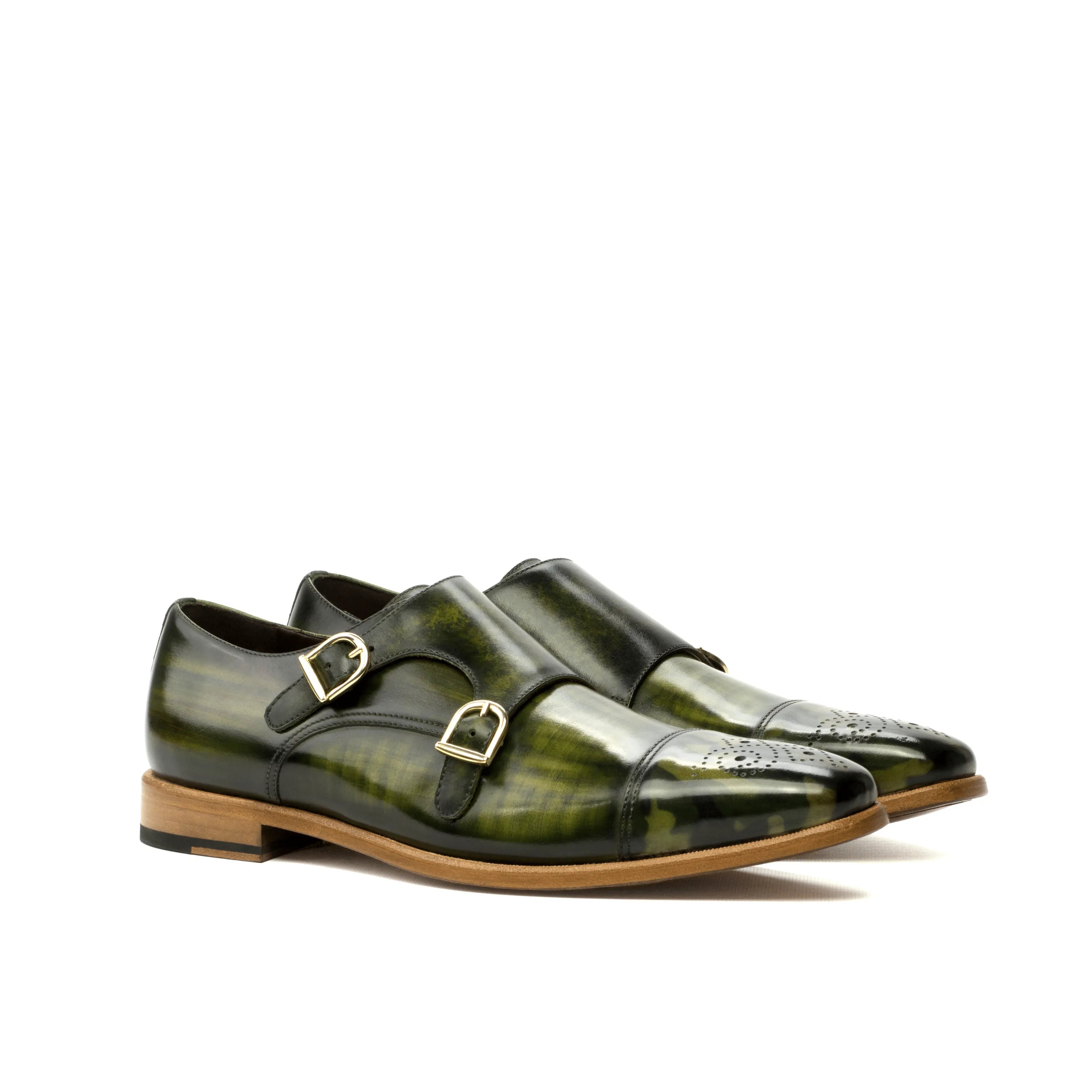 Green leather Joker Double Monk Patina shoes with double monk strap design