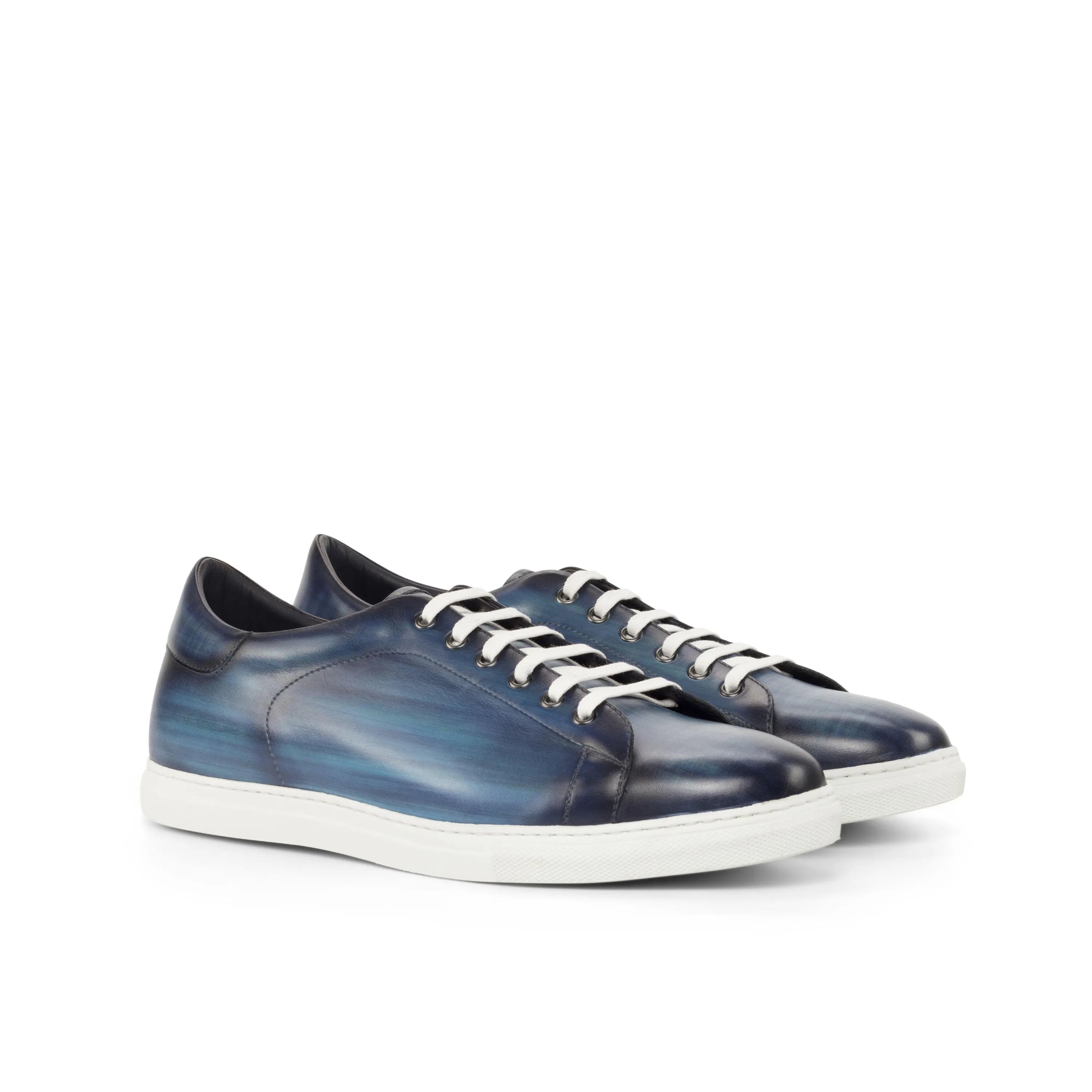 Blue leather sneakers from Jorar Trainer Patina, showcasing a stylish cupsole trainer design