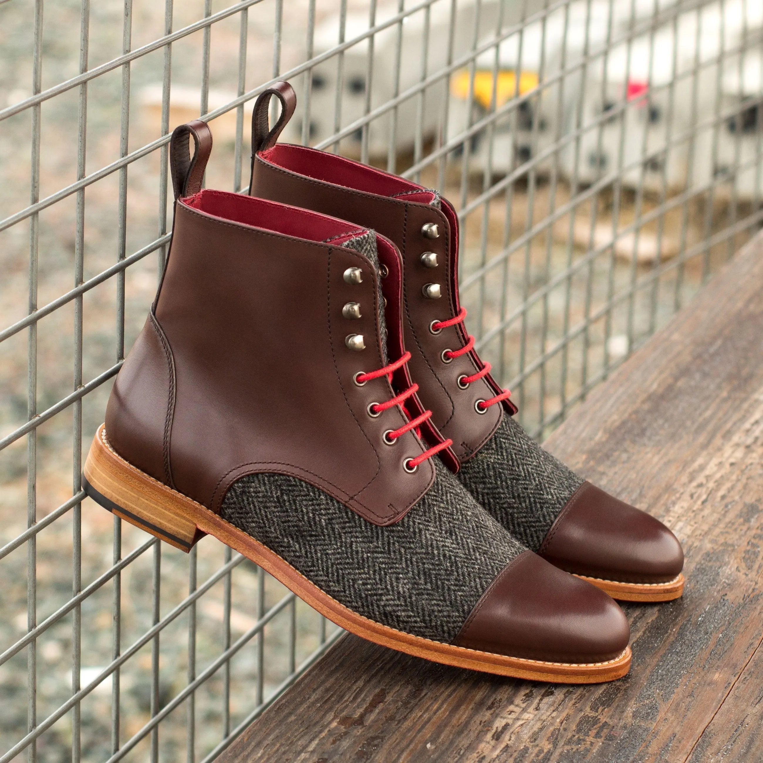 Brown leather and tweed Jorge Ladies Captoe Boots in dark brown for elegant style