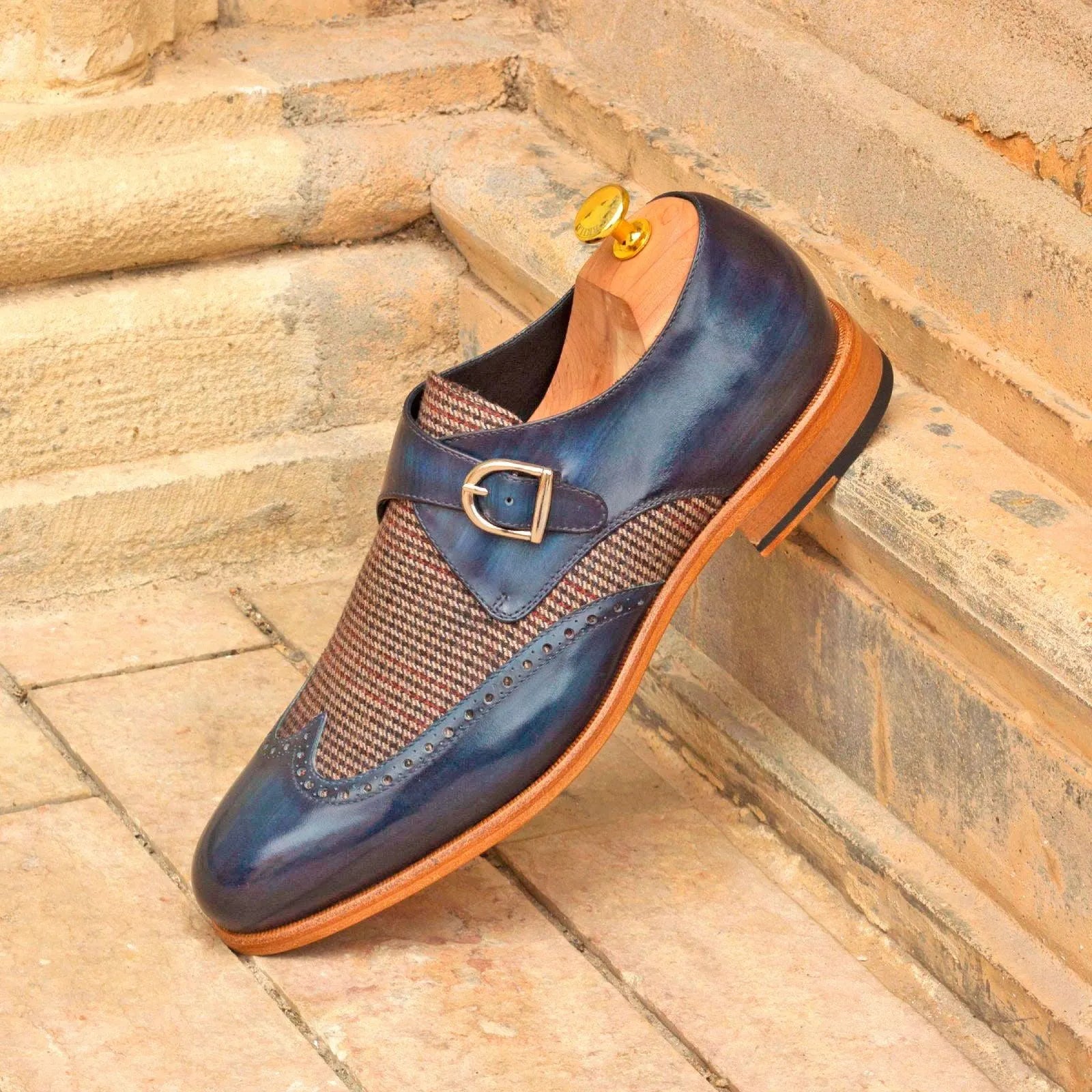Blue leather and tweed JR Single Monk Patina Shoes showcasing elegant monk patina design