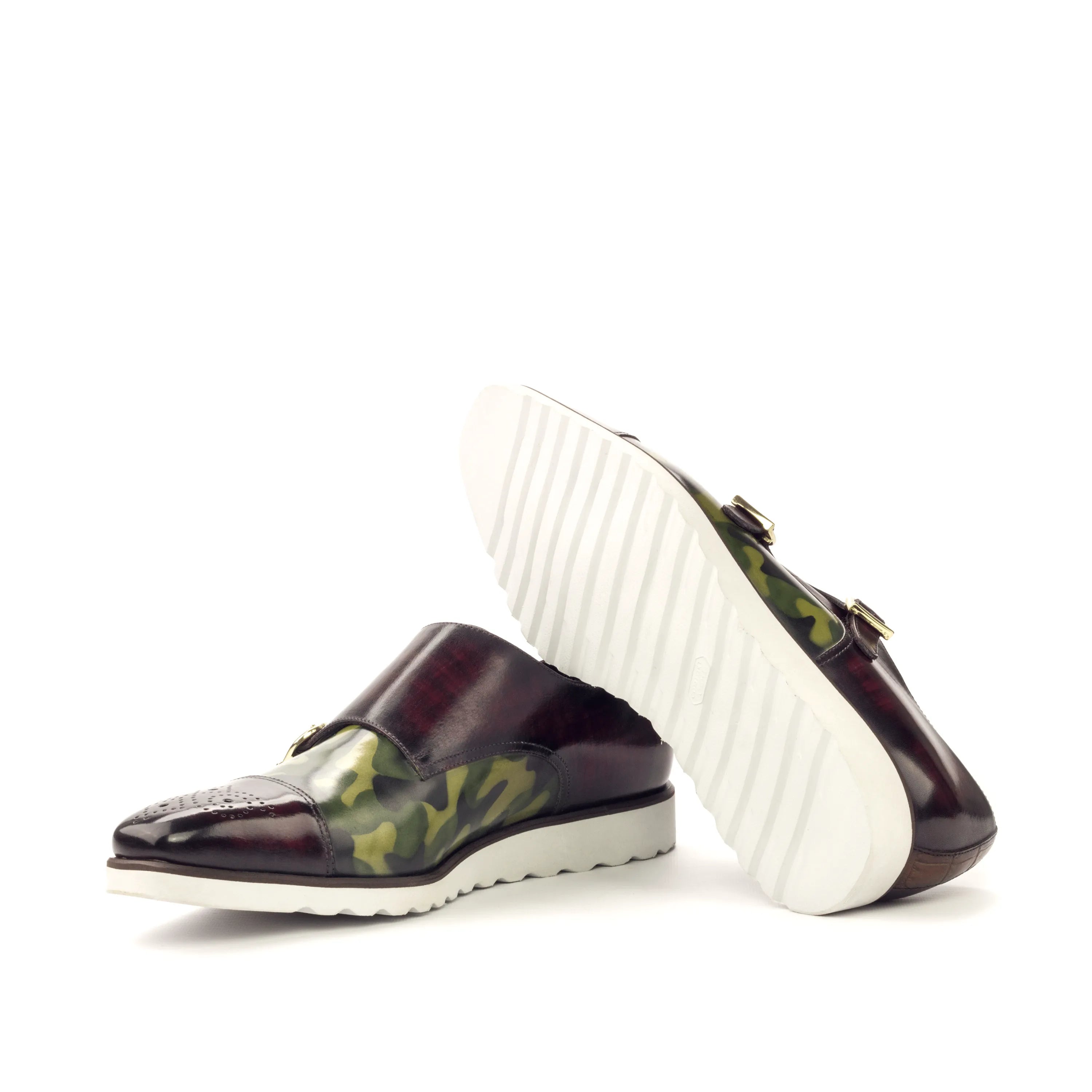 Burgundy and camouflage Juan Double Monk Patina shoes showcasing elegant design