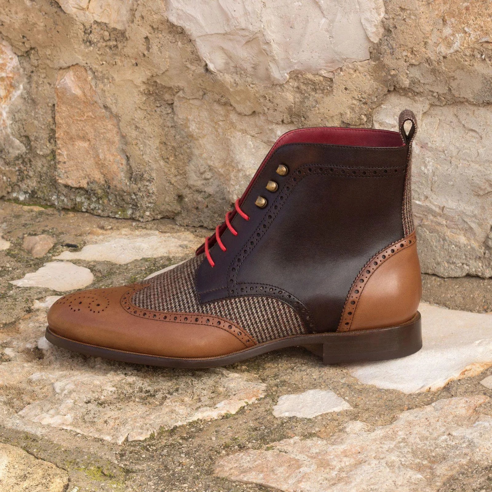 Two-tone leather and tweed Juda Military Brogue Boots with brown painted calf finish