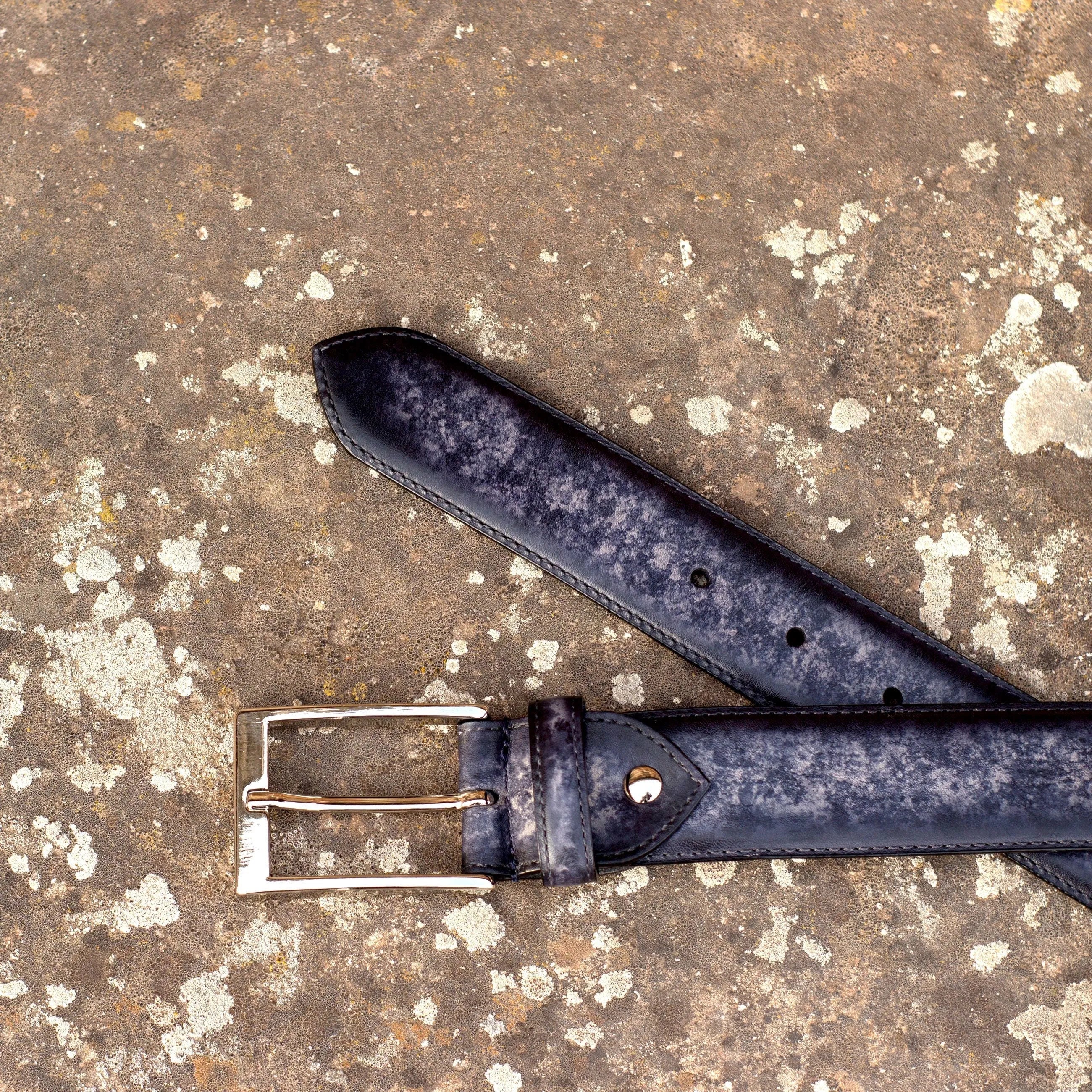 Distressed leather belt with silver buckle from Julianos Patina Hamptons collection