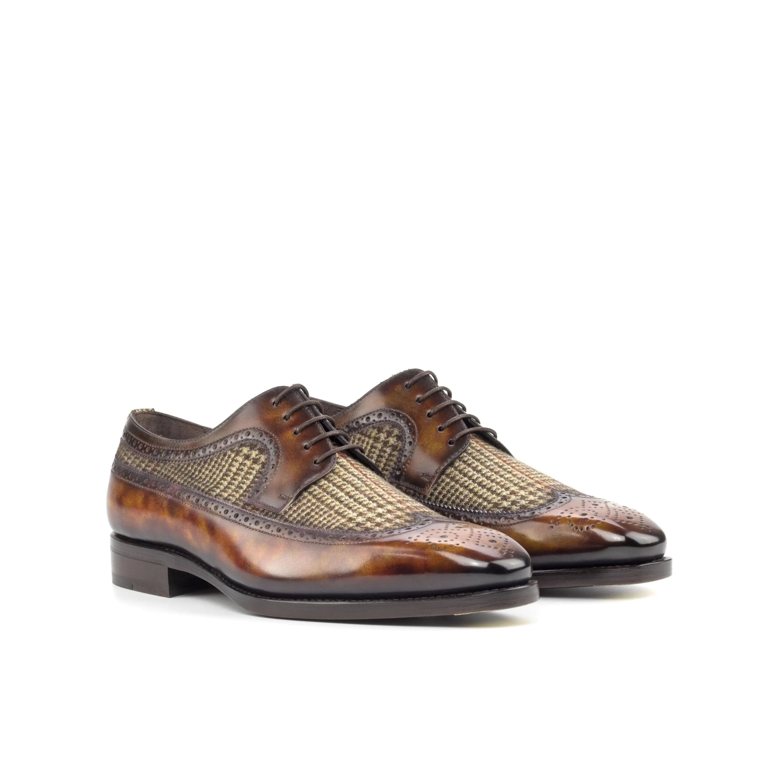 Brown leather and tweed Junos Patina Longwing Blucher dress shoes for sophisticated style