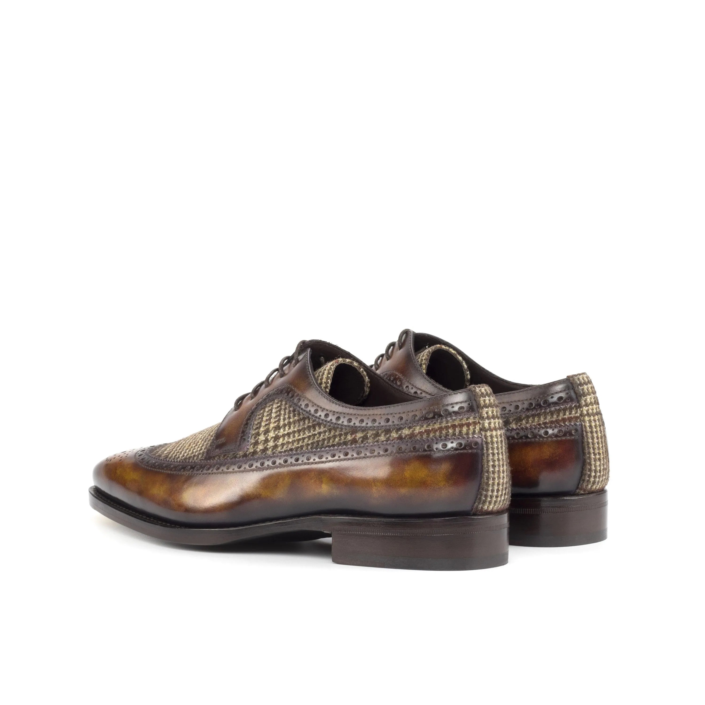 Brown leather and tweed Junos Patina Longwing Blucher dress shoes for sophisticated style