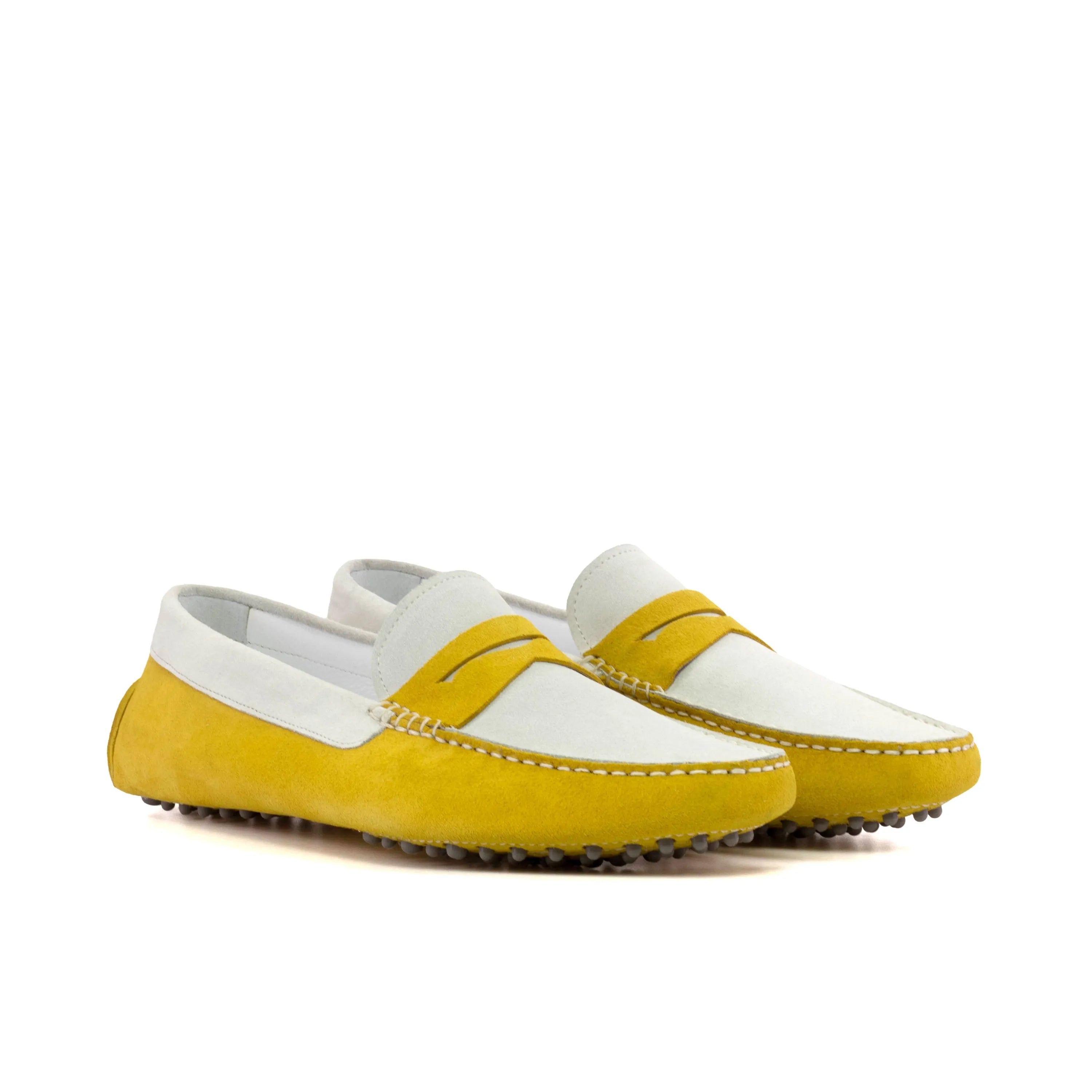 Yellow and white leather loafers from Kalma Driver, luxury bespoke shoes for men