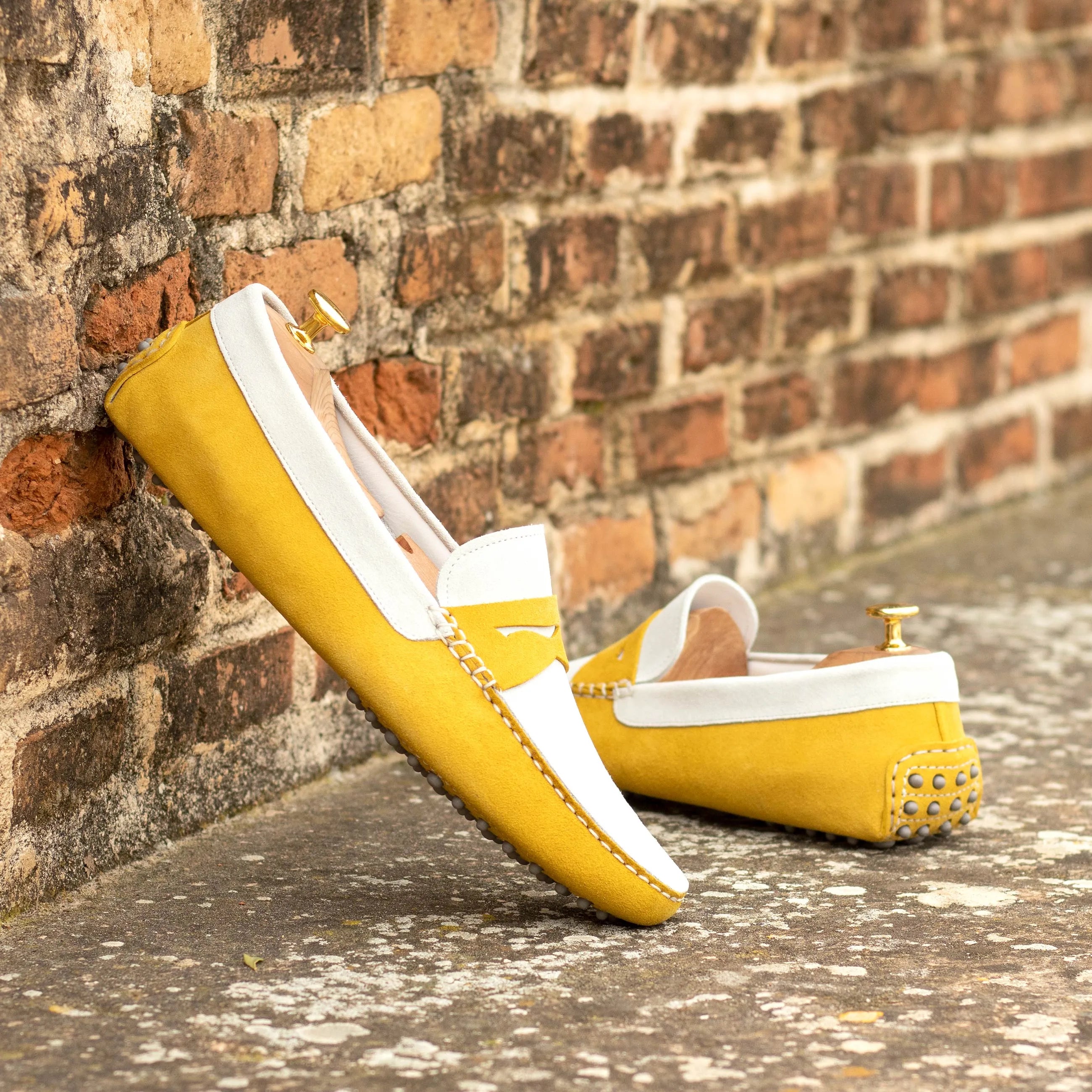 Yellow and white leather loafers from Kalma Driver, luxury bespoke shoes for men