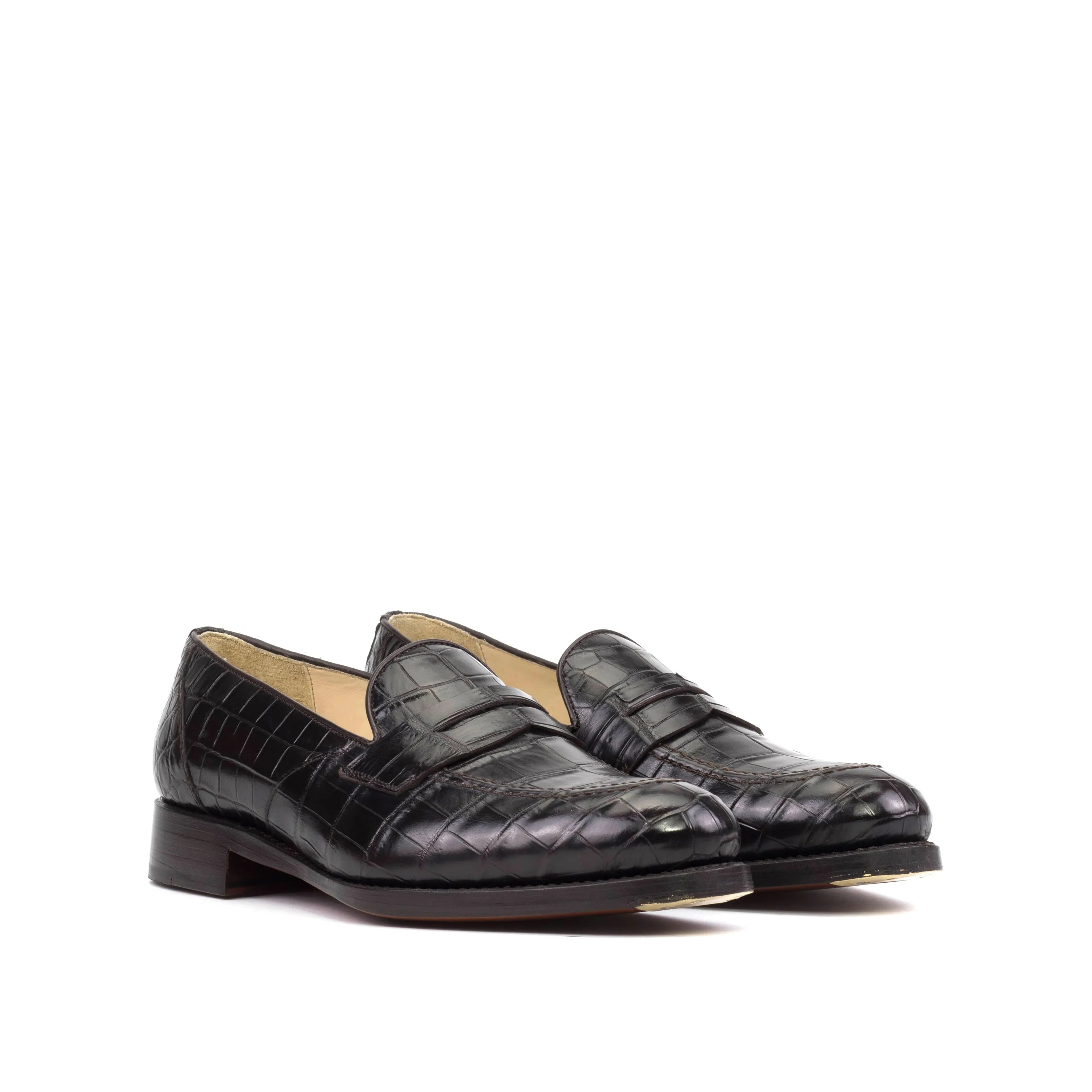 Black crocodile-patterned leather loafers, featured as Karma Alligator Loafers II