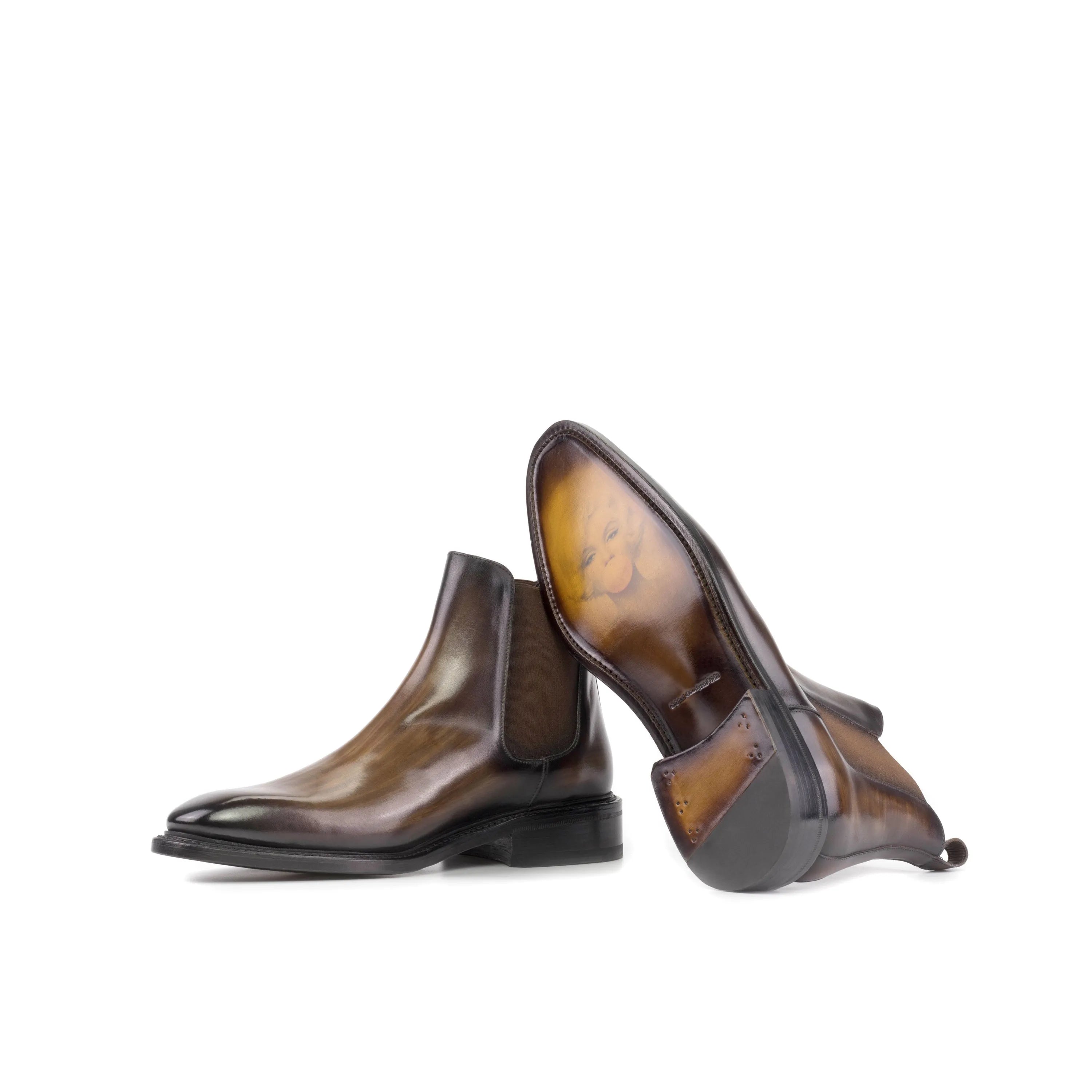Brown leather Kennedy Patina Chelsea Boots featuring a stylish patina finish