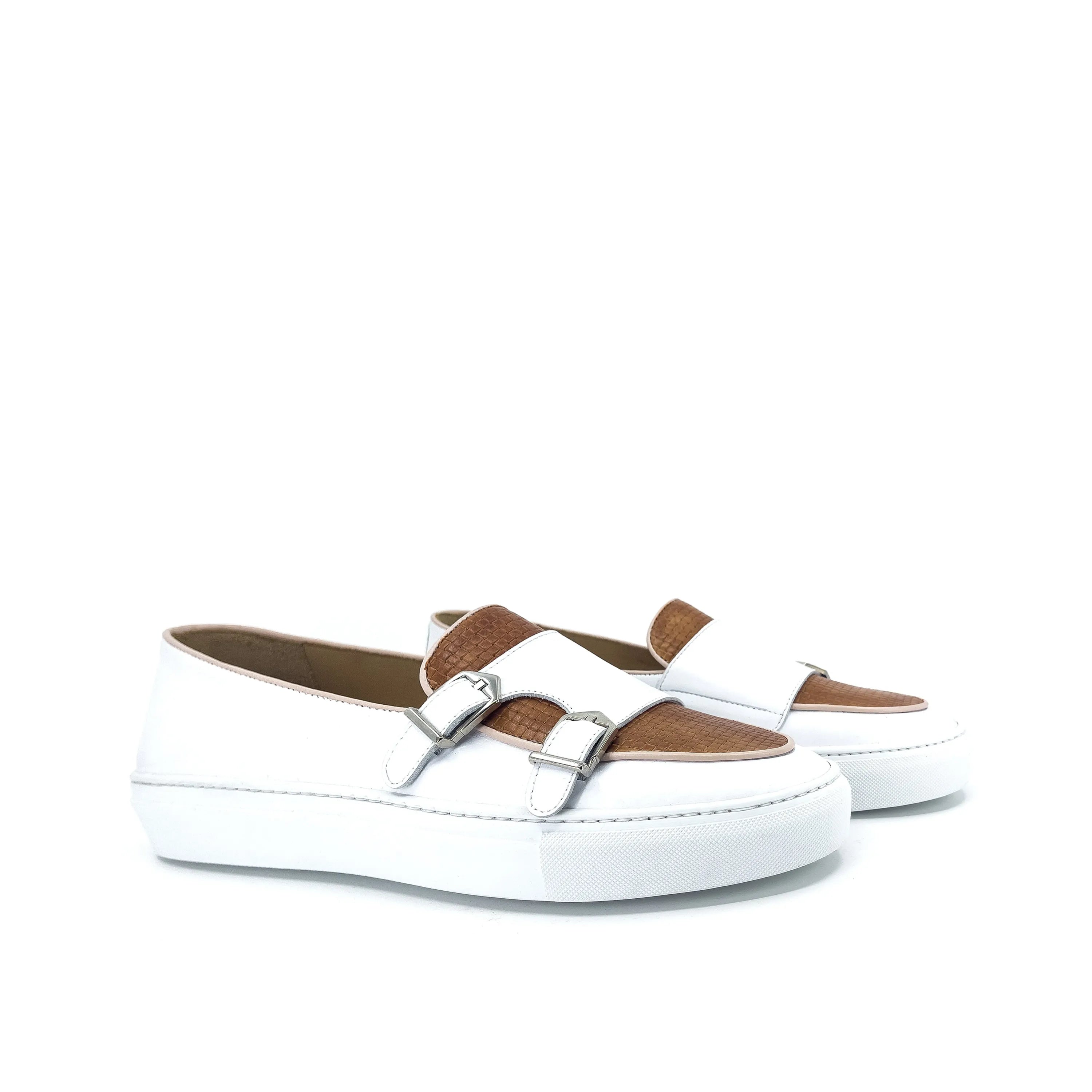 White and brown leather Kindi Monk Sneakers featuring a stylish double monk design