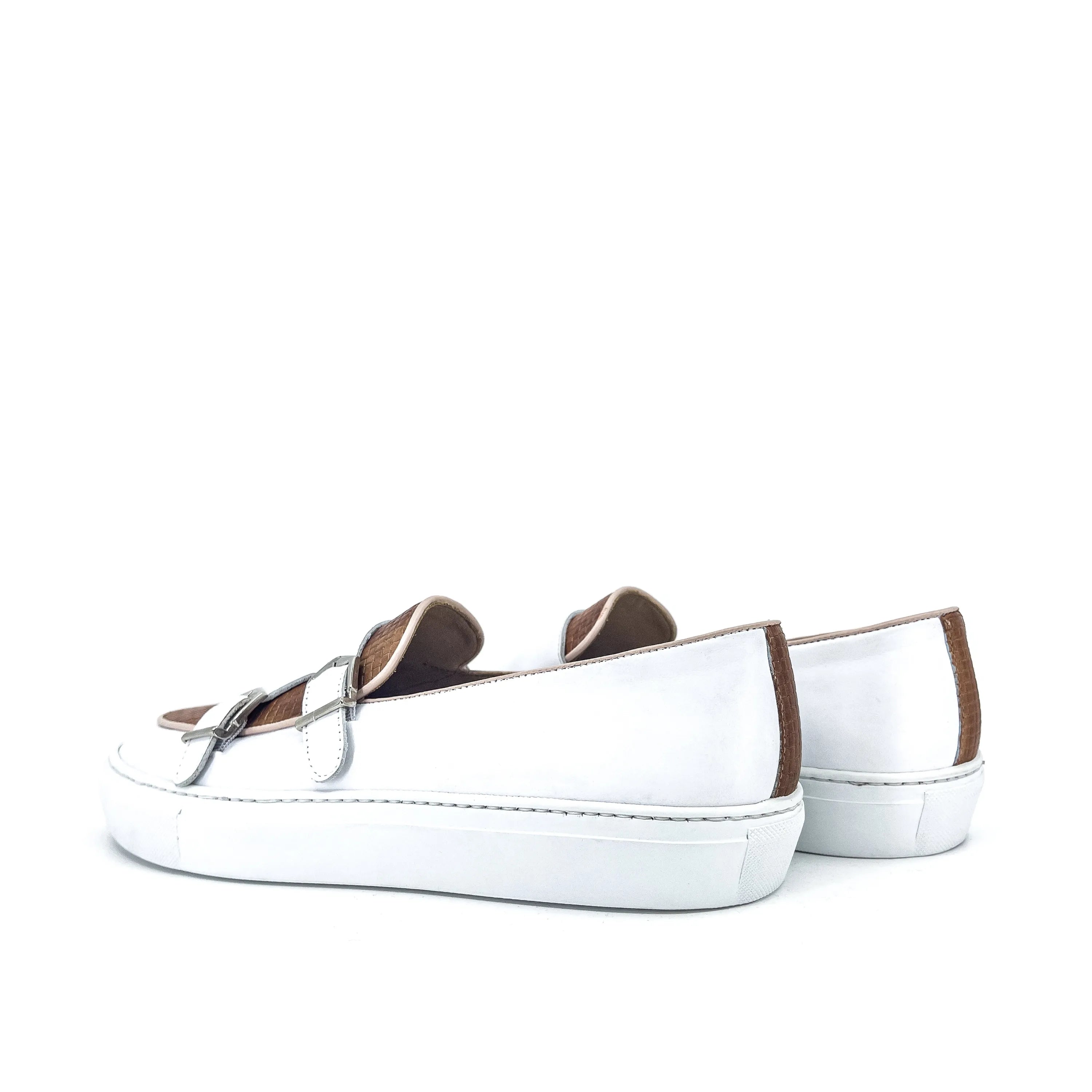 White leather Kindi monk sneakers featuring a stylish double monk strap design