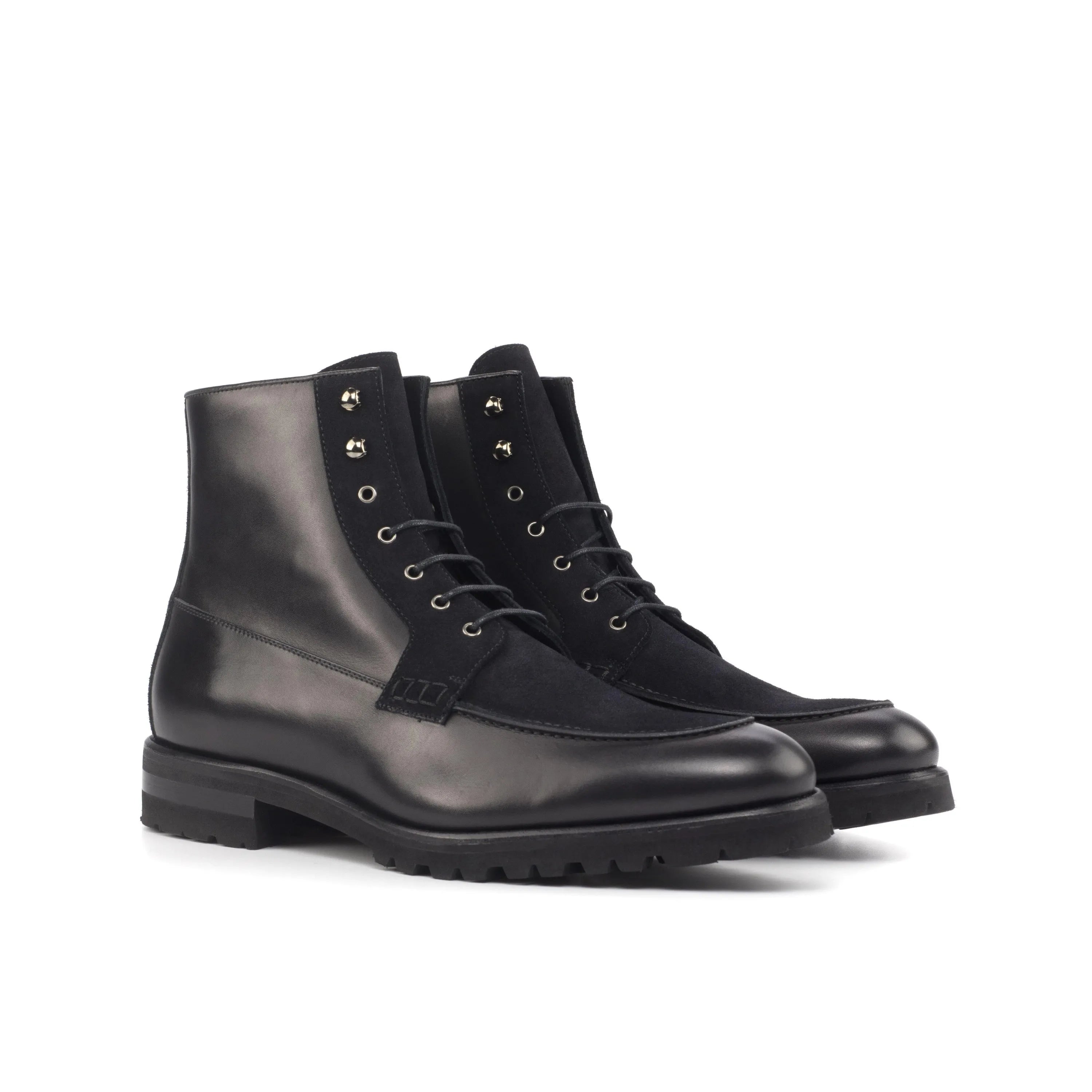Black leather and fabric lace-up Kindrick Moc Boot showcasing stylish design and durability