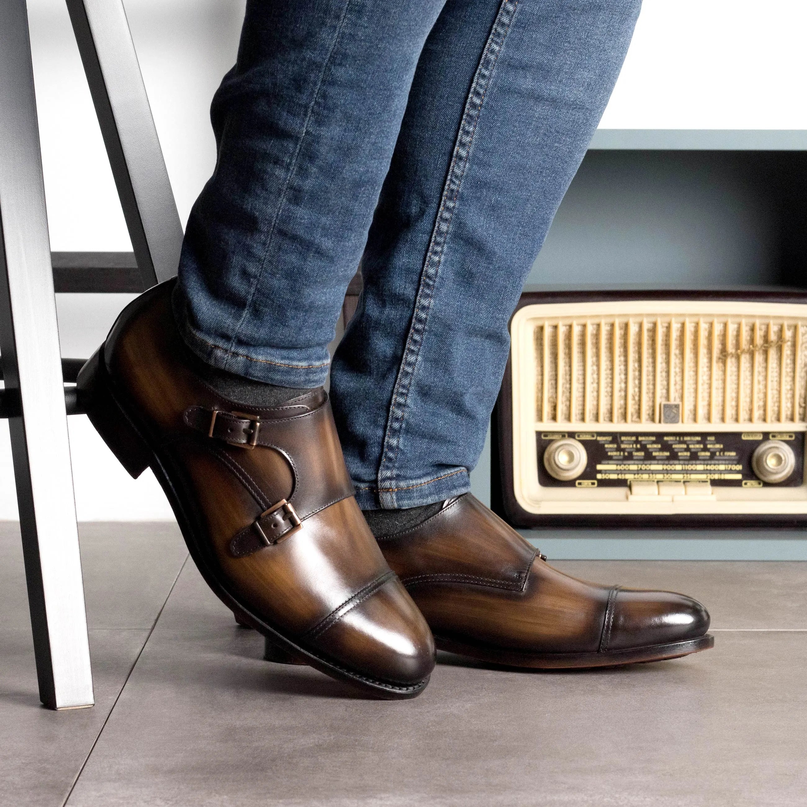 Brown leather Kiyanoz Patina Double Monk shoes for a stylish fast lane appearance