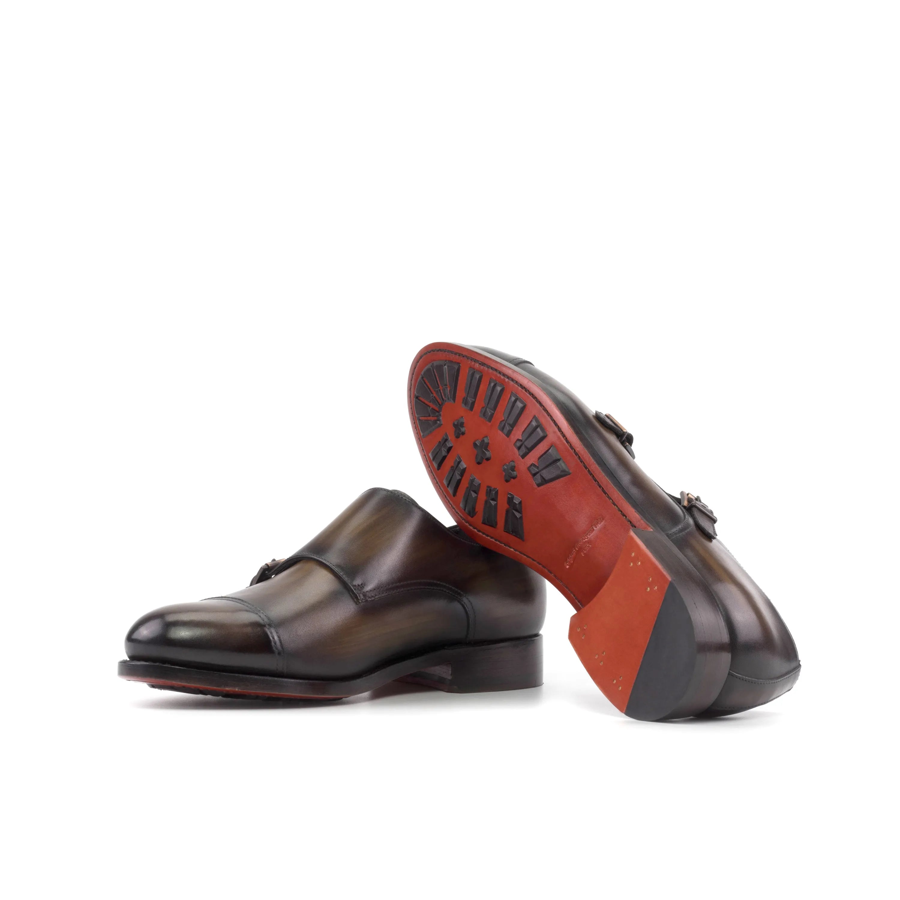 Pair of brown leather Kiyanoz Patina Double Monk strap shoes in a stylish design