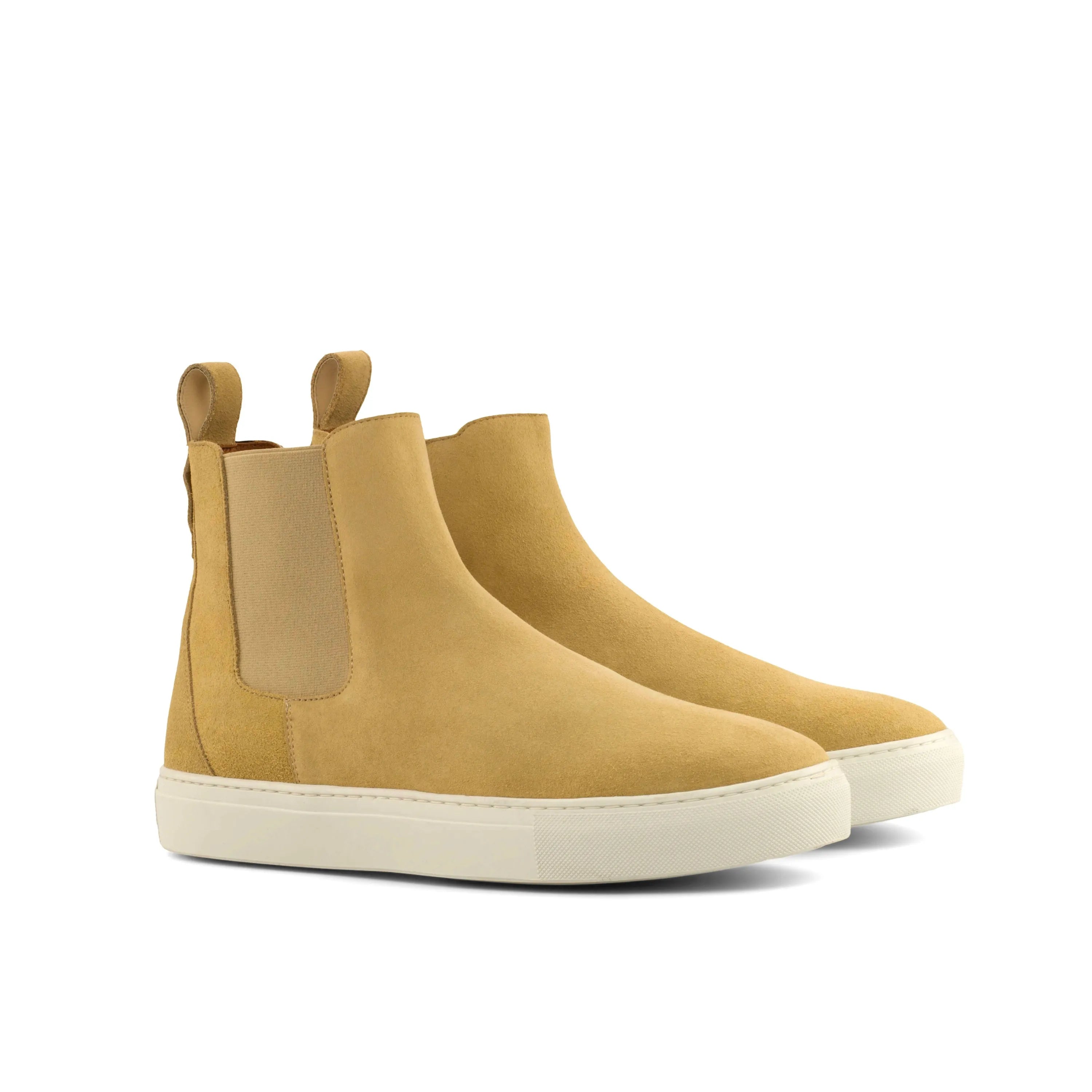 Tan suede KP43 Chelsea sneaker boots with white soles for a stylish look