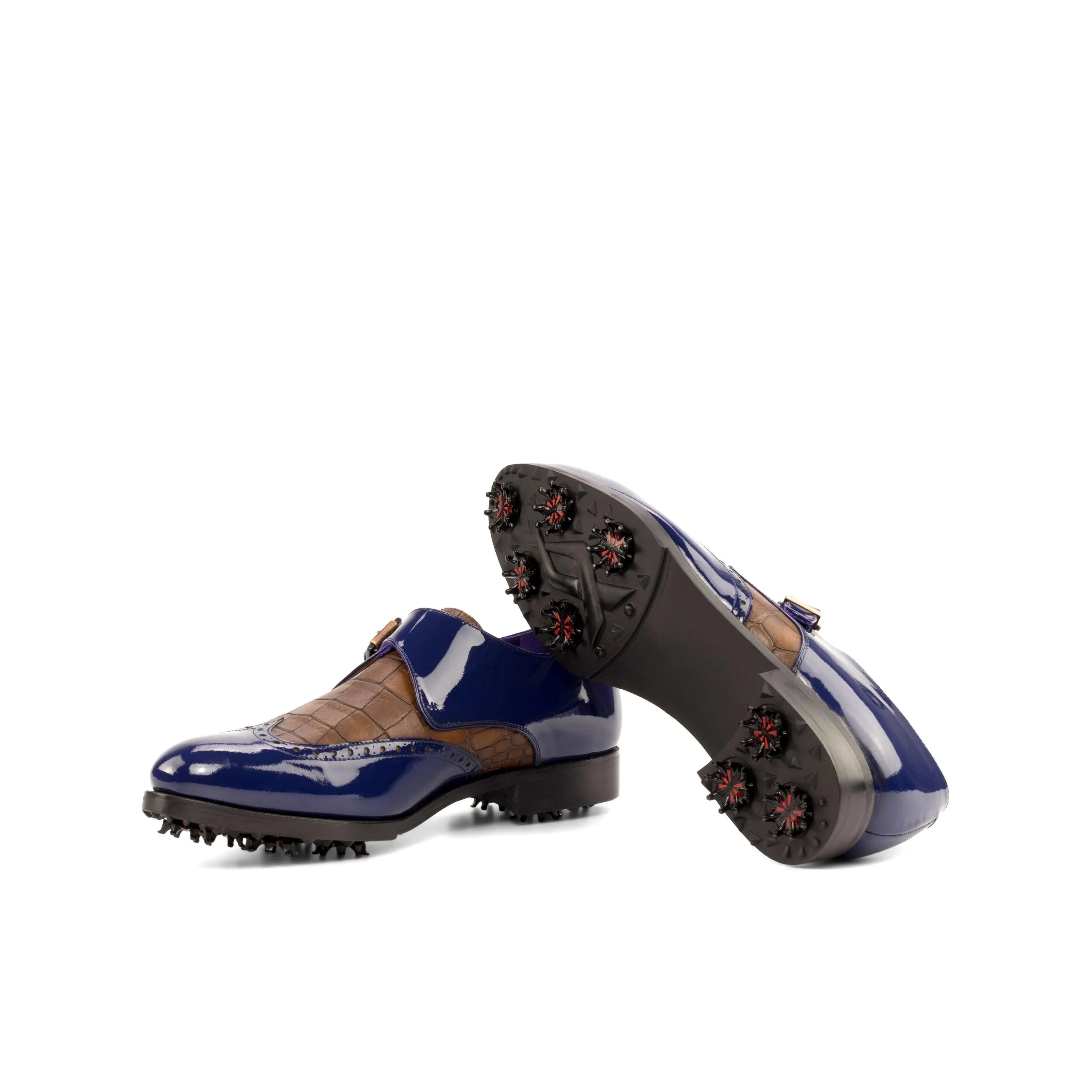 Pair of blue and brown Lambo Single Monk Golf Shoes II, ideal for stylish golfers
