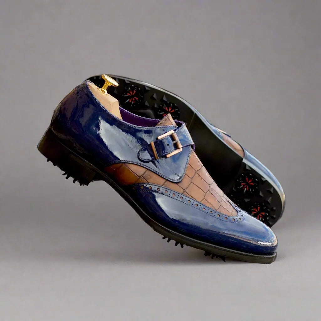 Blue and brown leather Lambo Single Monk Golf shoes for stylish performance on the course