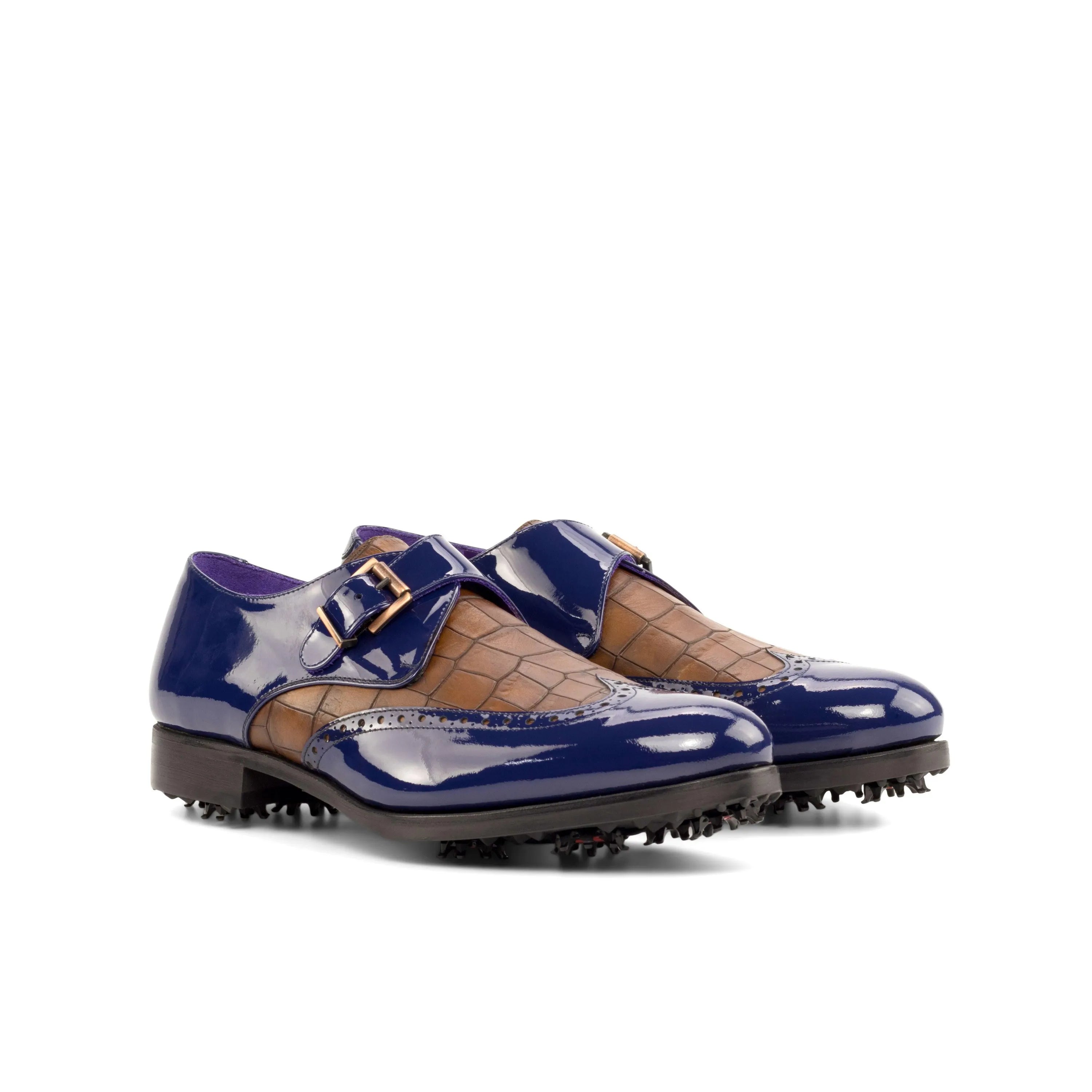 Pair of blue and brown leather Lambo Single Monk Golf shoes for stylish performance