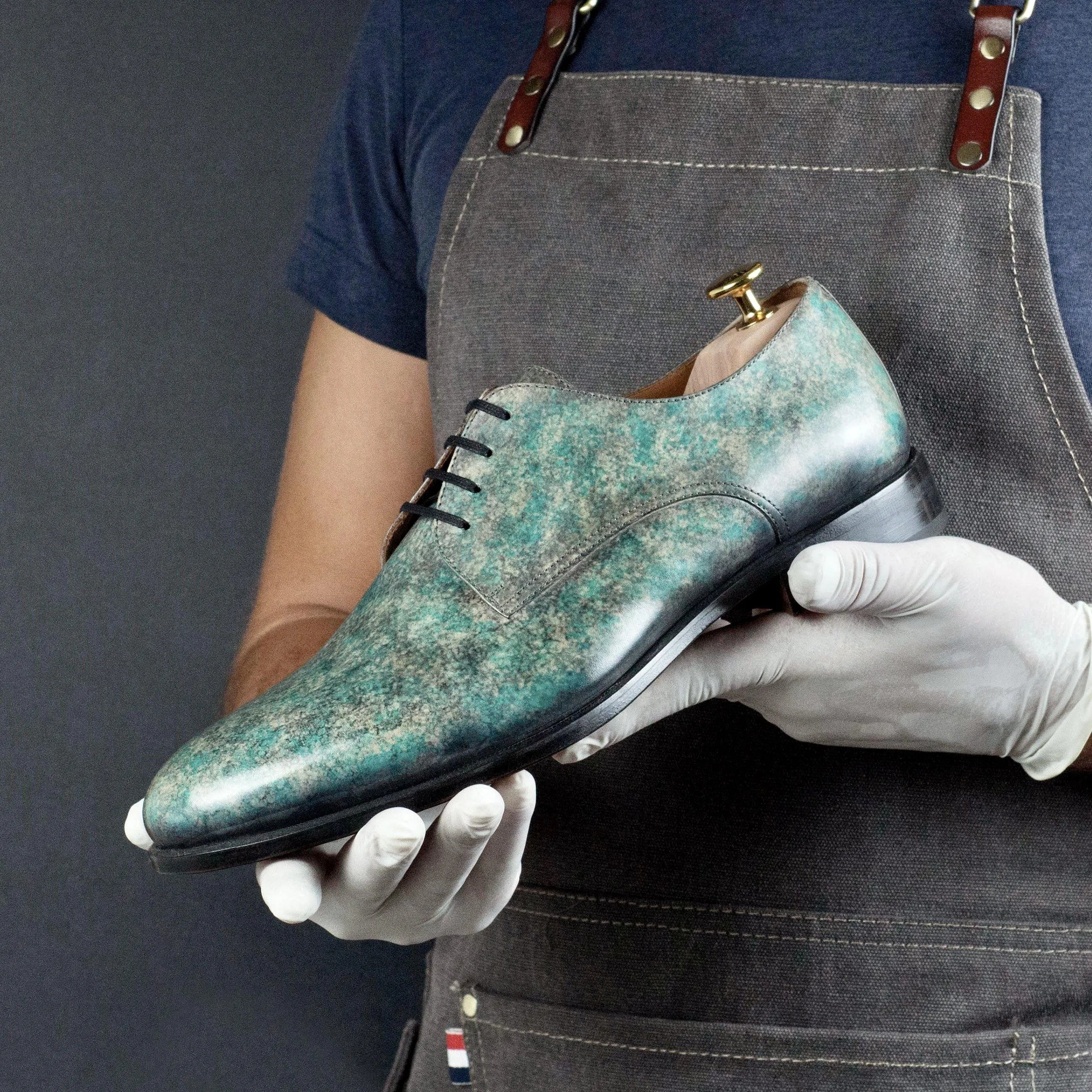 Green and gray leather Lapis Patina Derby Shoes featuring a derby split toe design