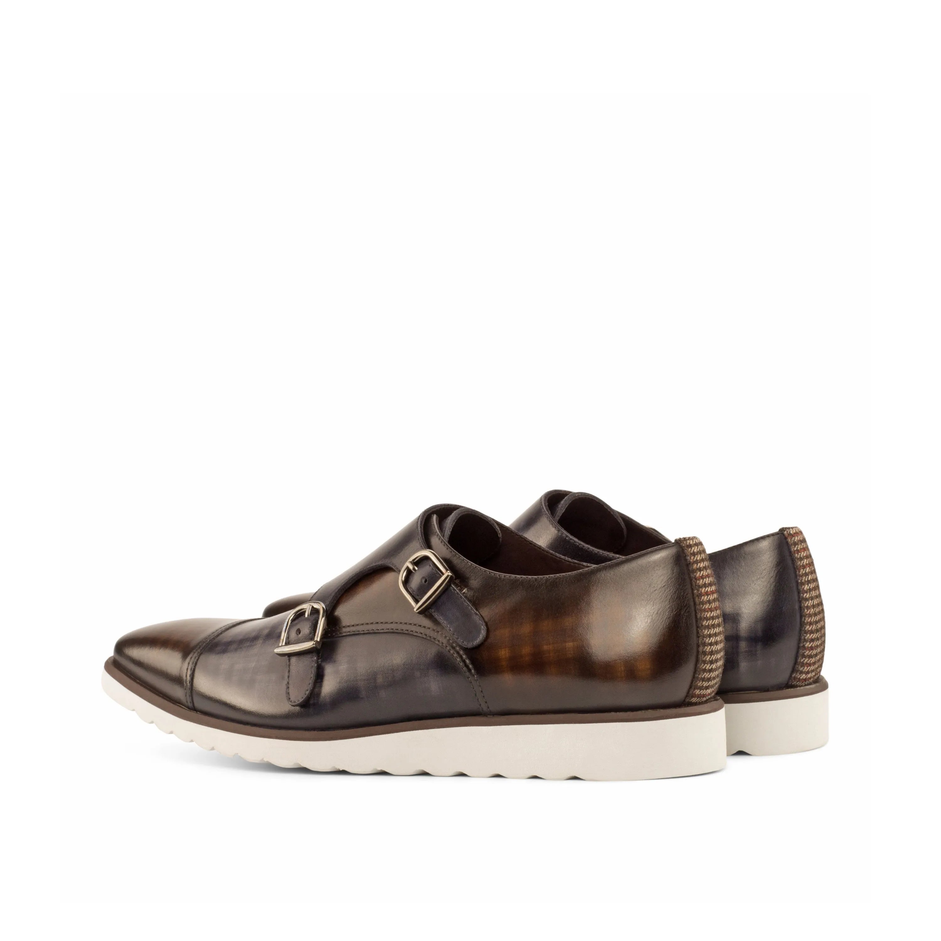 Brown leather Latric Double Monk Patina shoes featuring a stylish double monk strap design