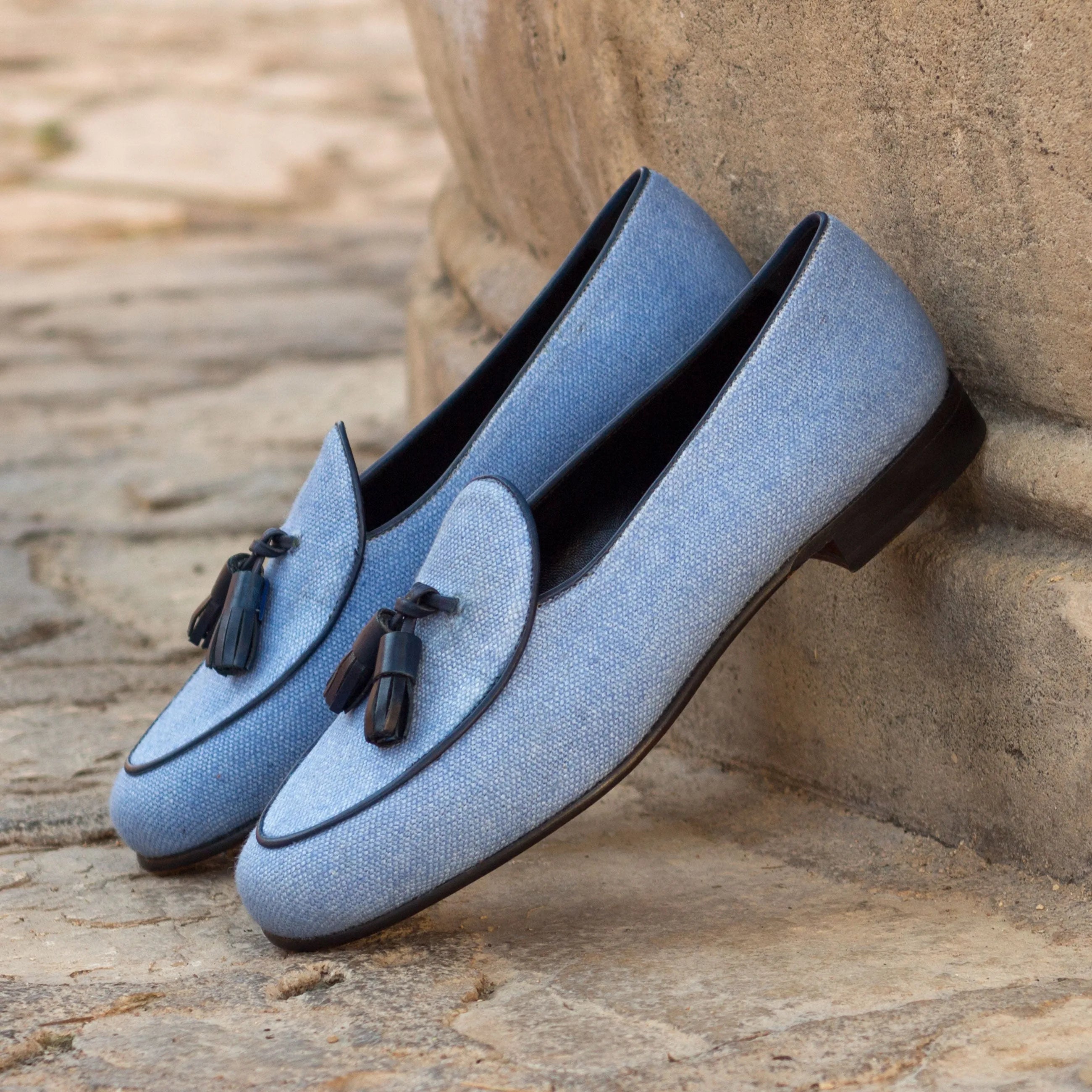 Blue tassel loafers from the Lee Belgian Slipper collection for sophisticated style