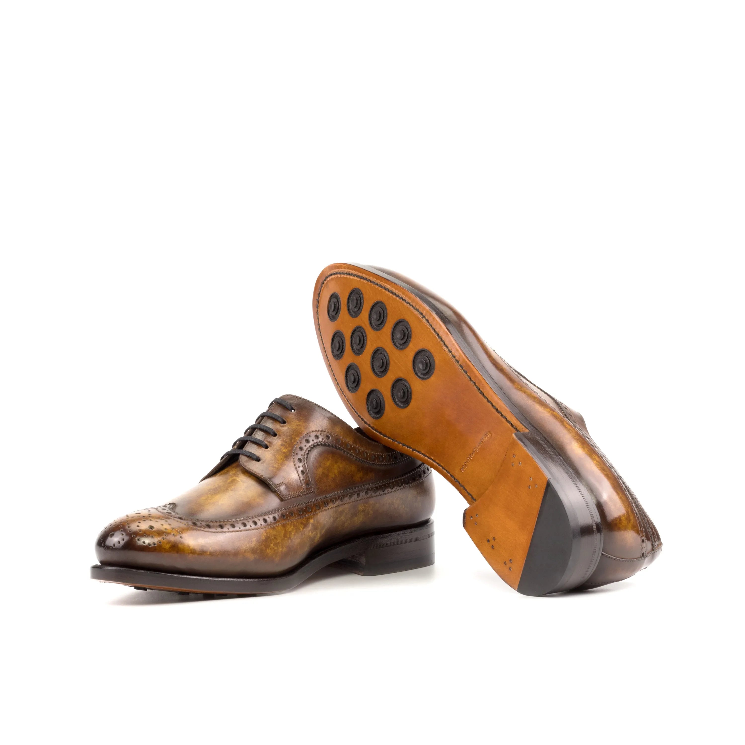 Pair of Legend Patina Longwing Blucher shoes in rich brown leather for elegant style
