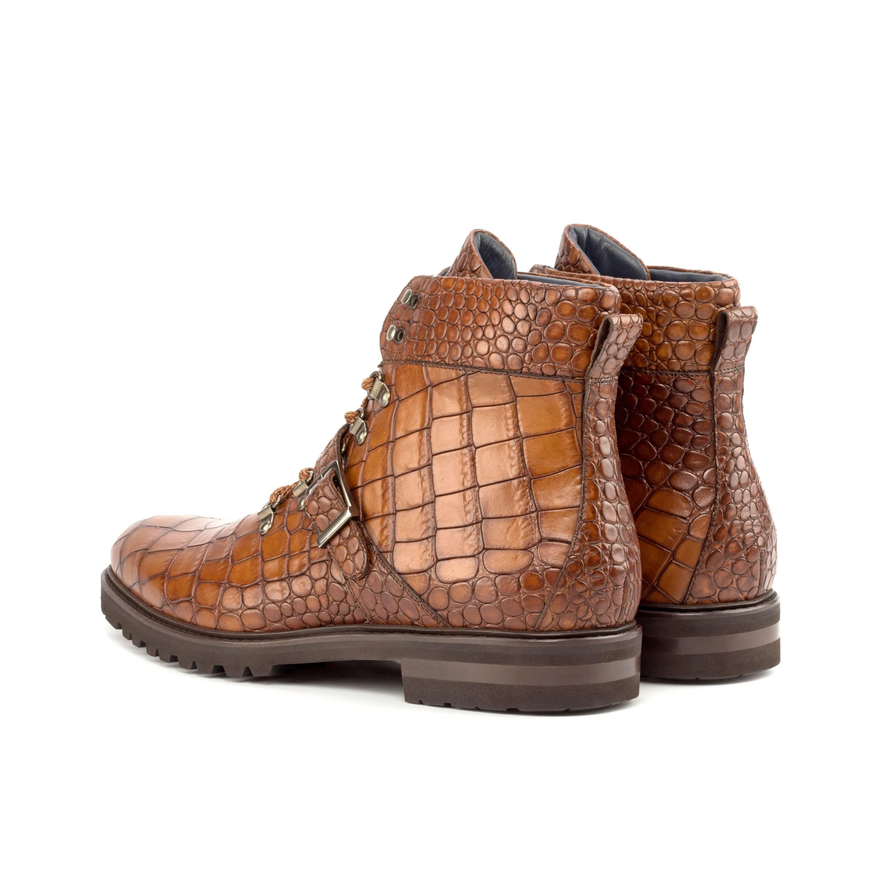 Brown crocodile-patterned leather Leland Hiking Boots for stylish outdoor adventures