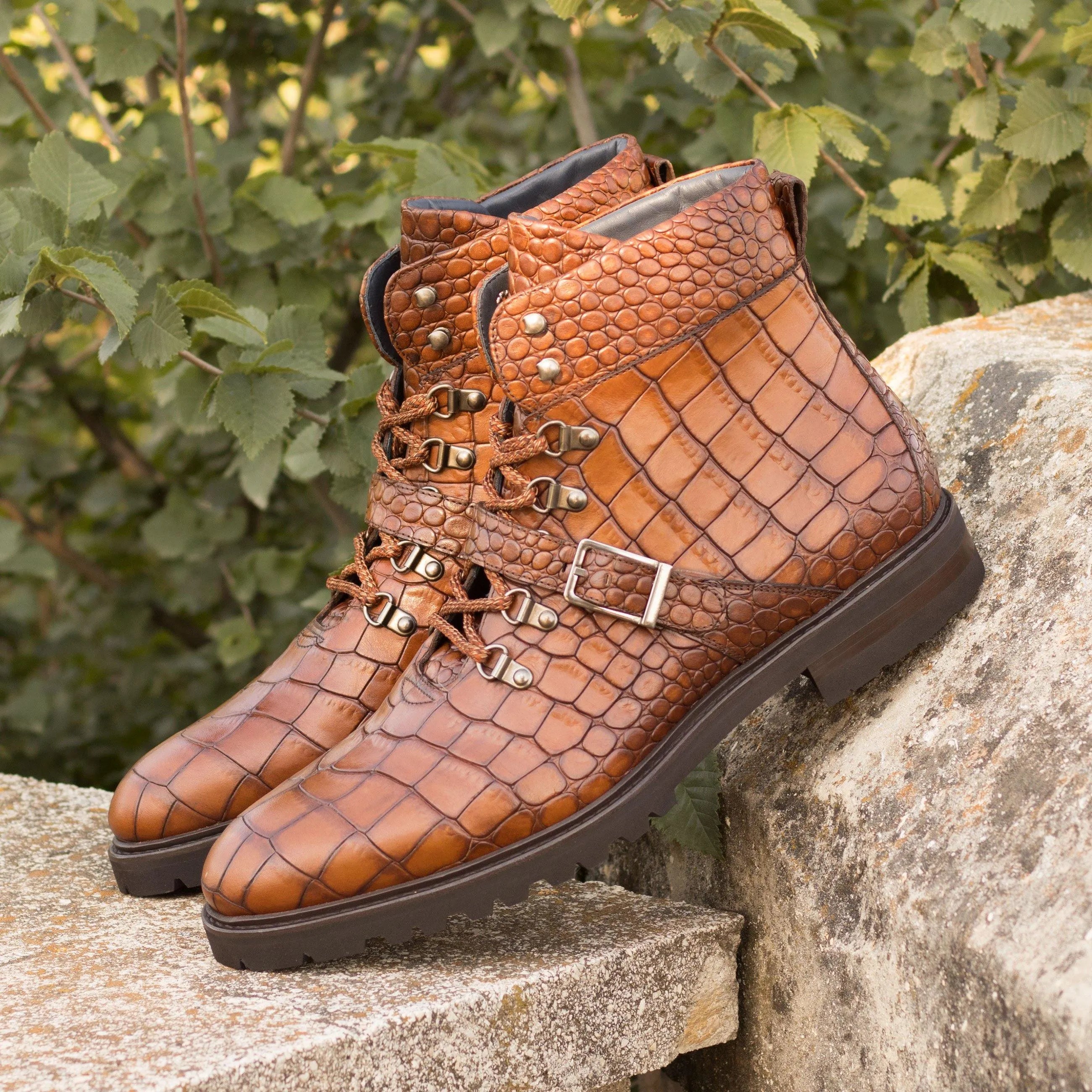 Brown crocodile-patterned leather Leland Hiking Boots designed for style and durability